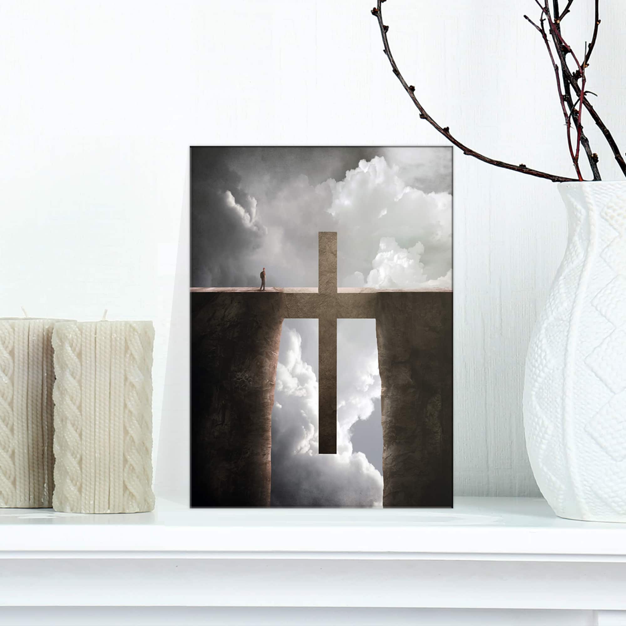 Designart - Big Cross between Two Cliffs - Landscapes Spiritual Religious on Wrapped Canvas