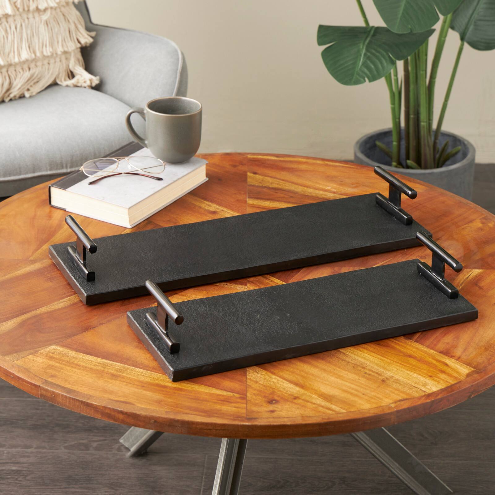 Black Marble Slim Textured Living Room Décor Tray with Rod Handles, 2ct.