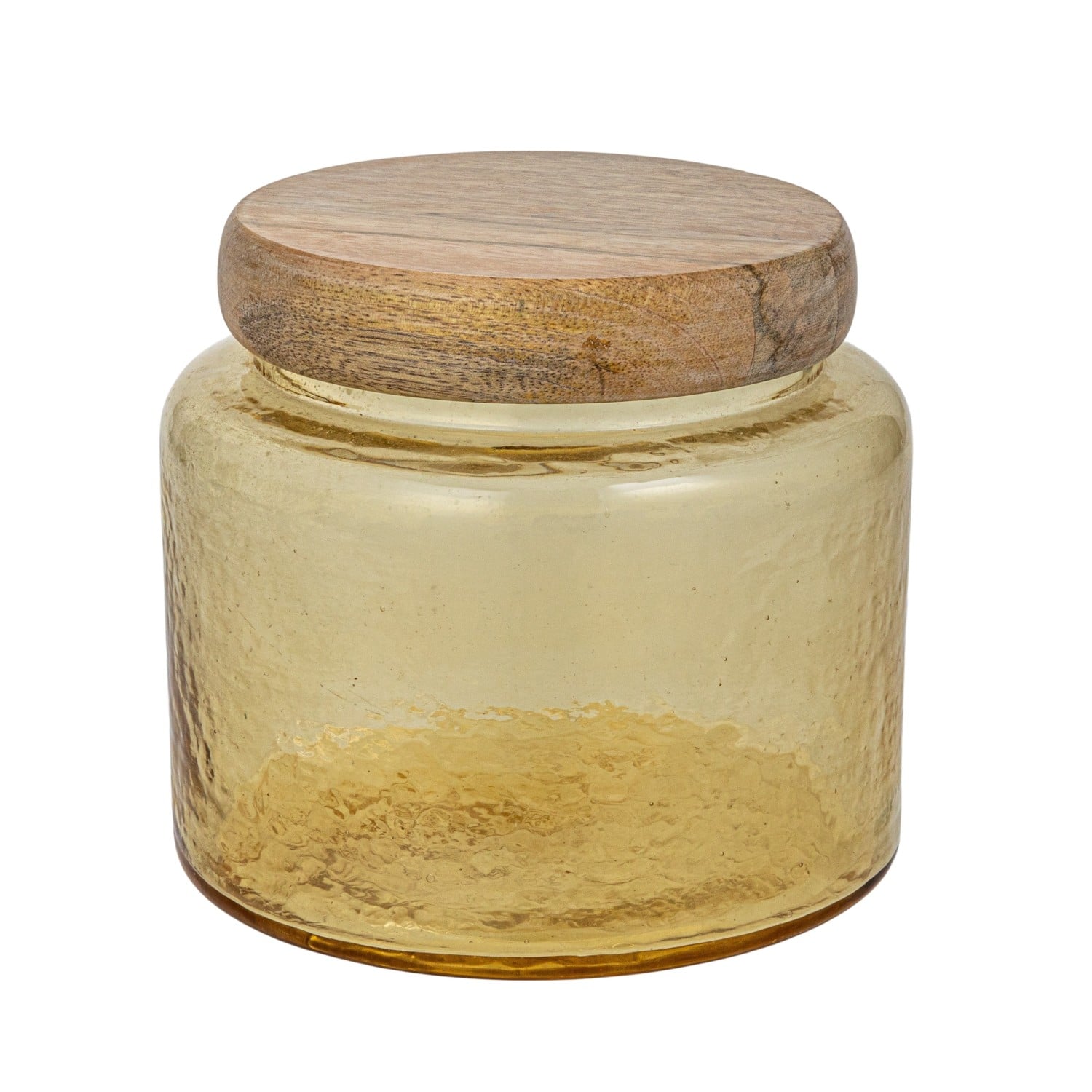 Hello Honey&#xAE; Yellow &#x26; Whitewash Hammered Glass Jar with Mango Wood Lid