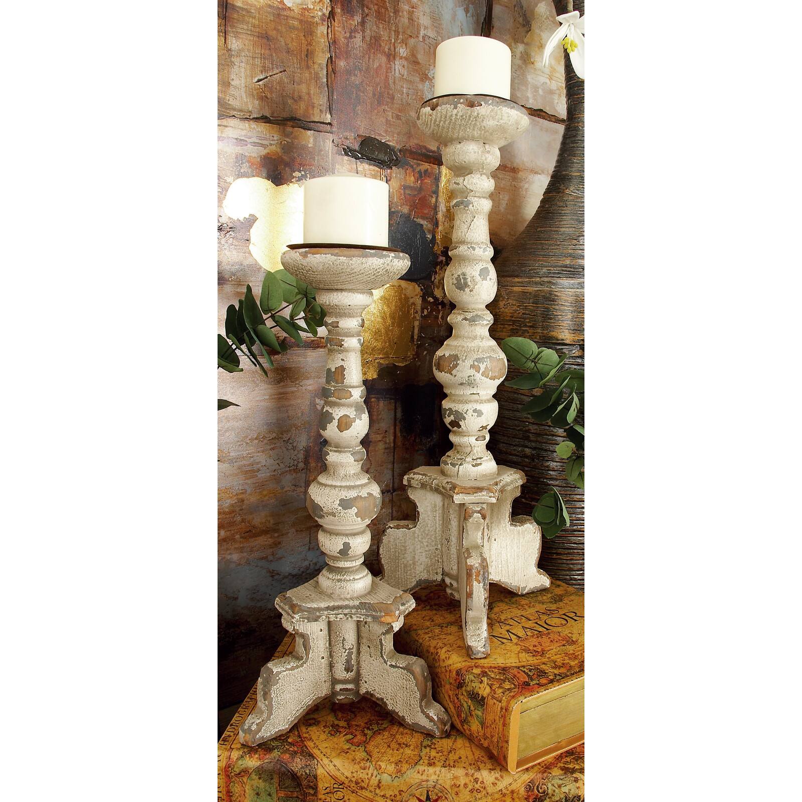 White Wood Vintage Candle Holder Set