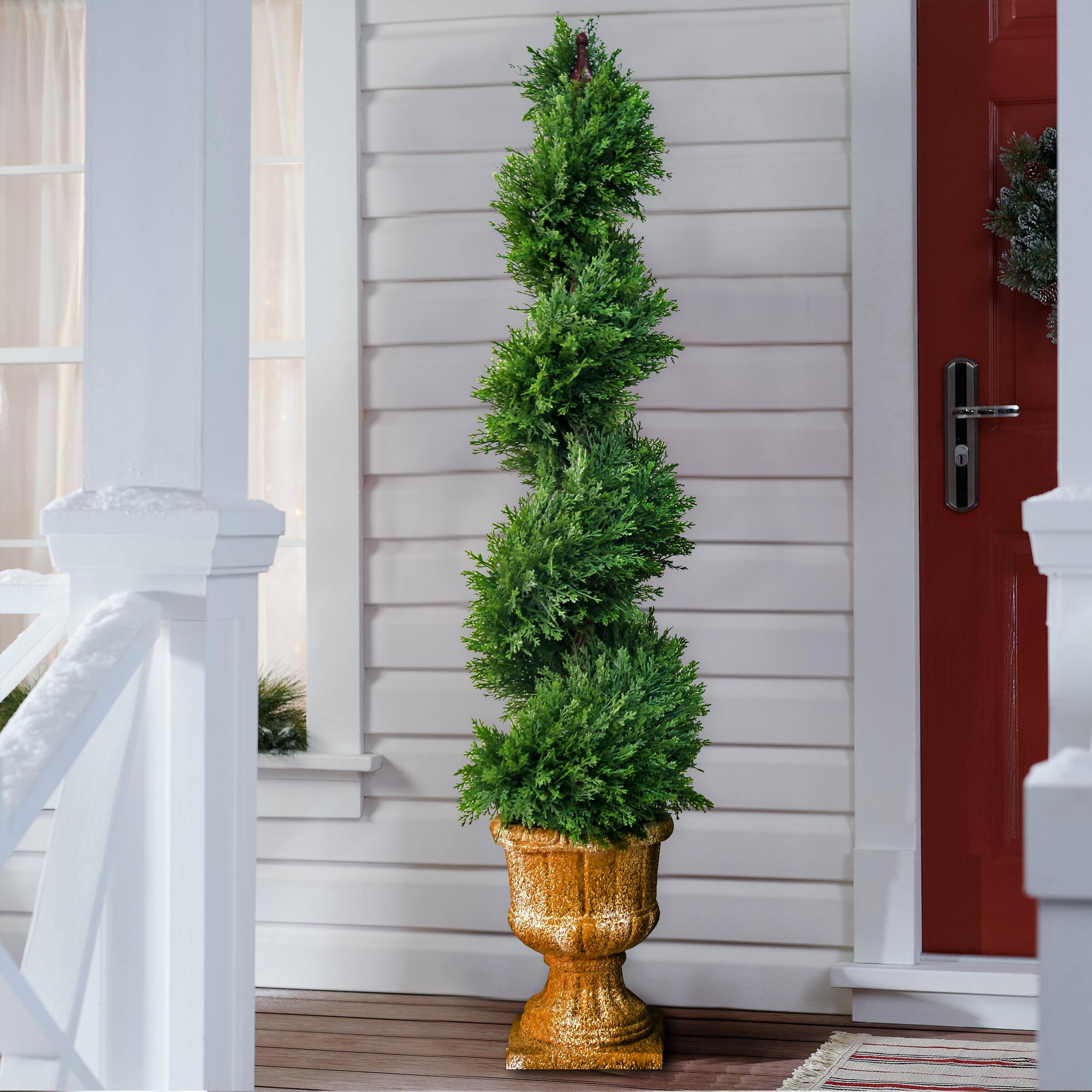 54&#x22; Juniper Slim Spiral Tree with Decorative Urn