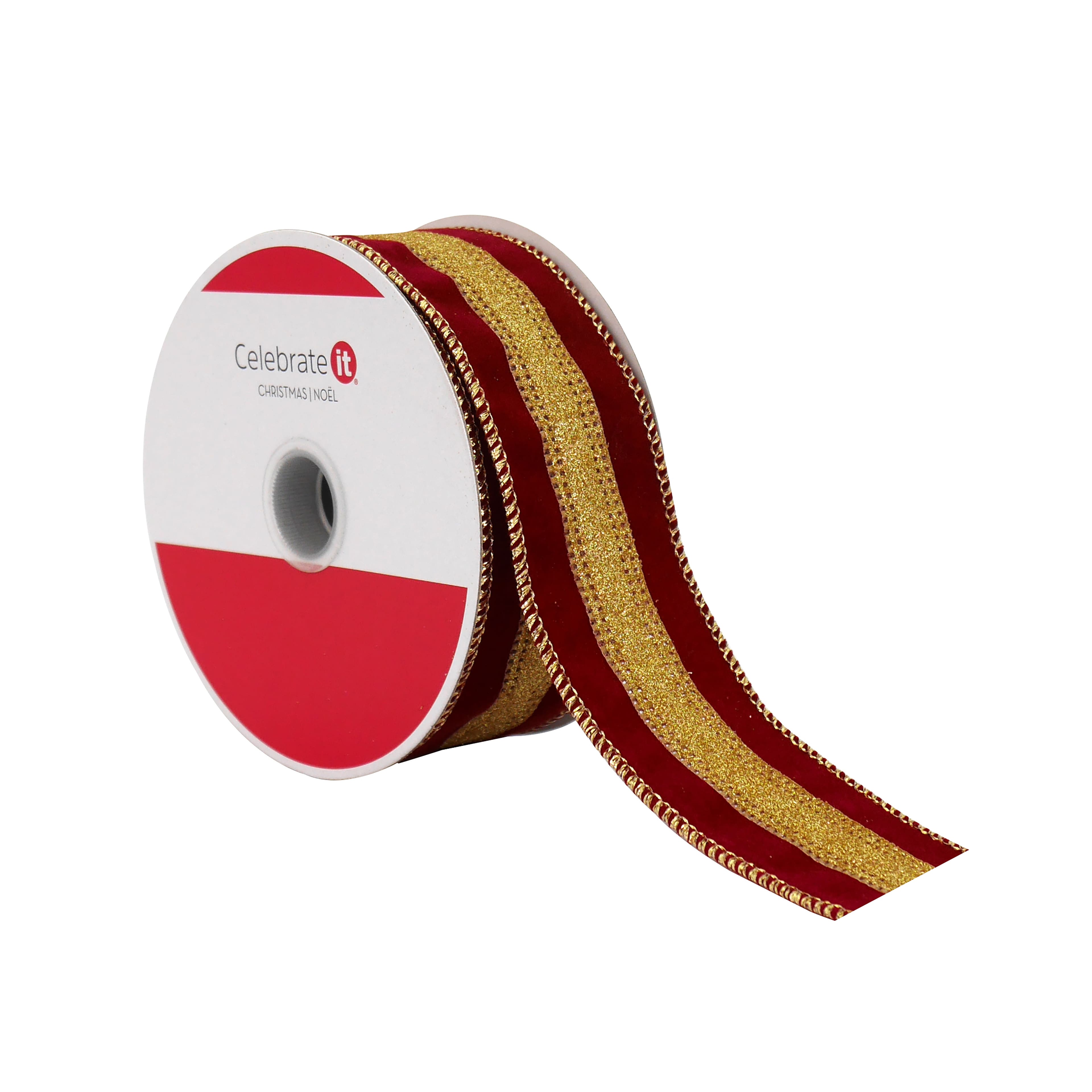1.5&#x22; x 25ft. Burgundy &#x26; Gold Stripes Wired Ribbon by Celebrate It&#xAE;