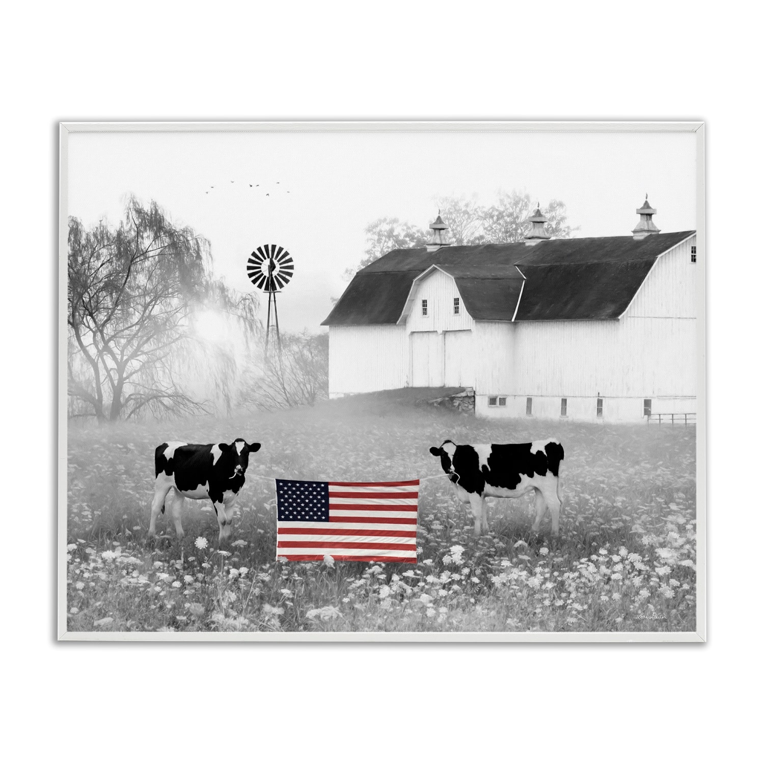 Stupell Industries Americana Barn Country Cows Flag Framed Giclee Art