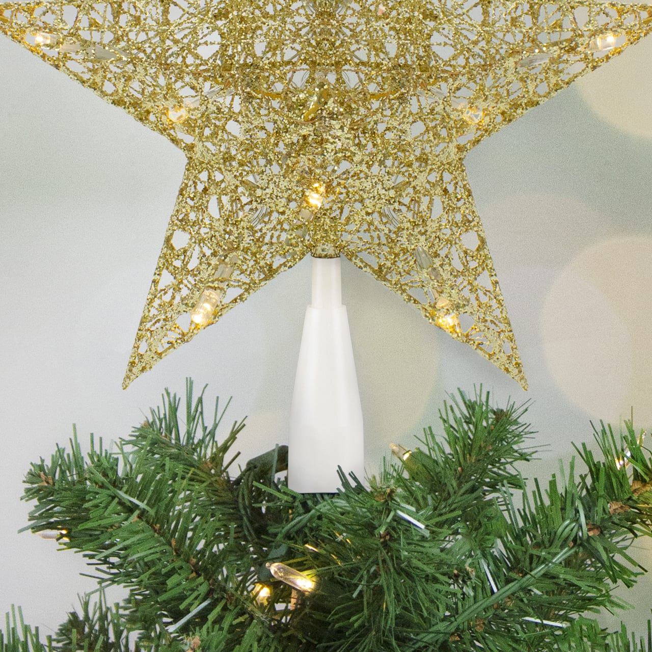 10" LED Lighted Gold Glittered Star Christmas Tree Topper, Warm White Lights
