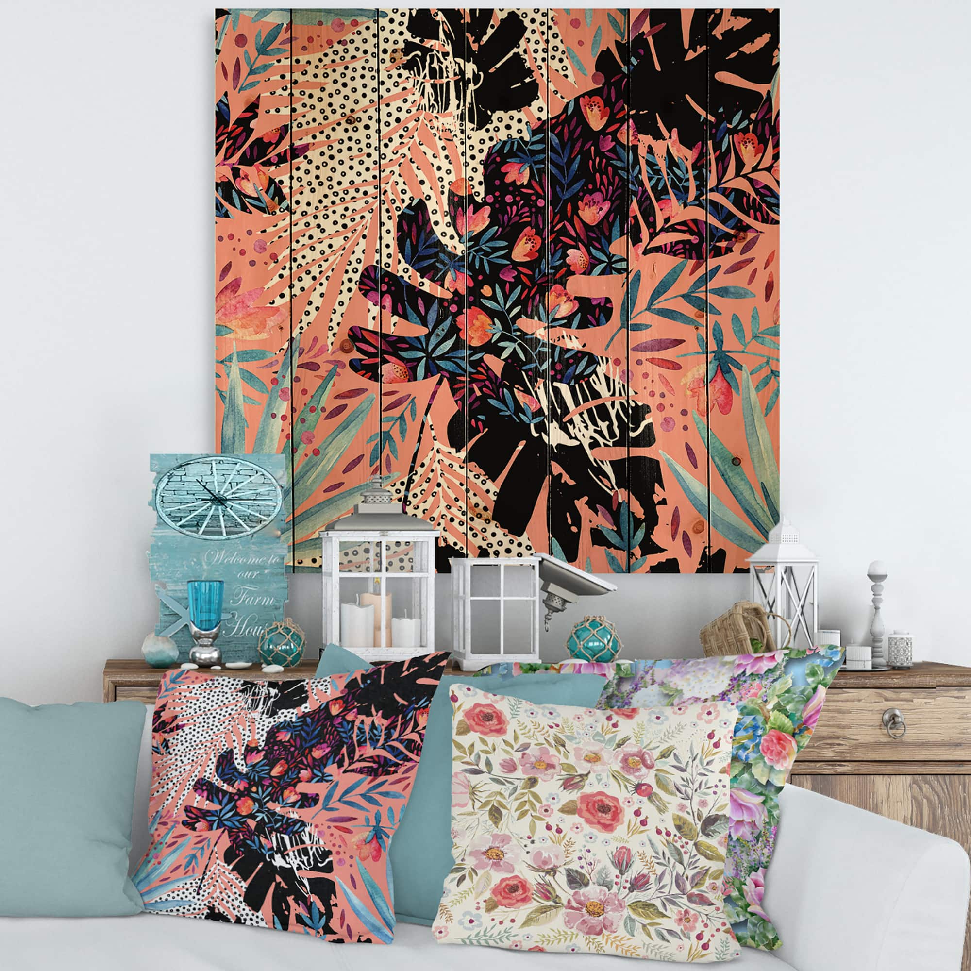 Designart - Tropical Floral Patchwork II - Tropical Print on Natural Pine Wood