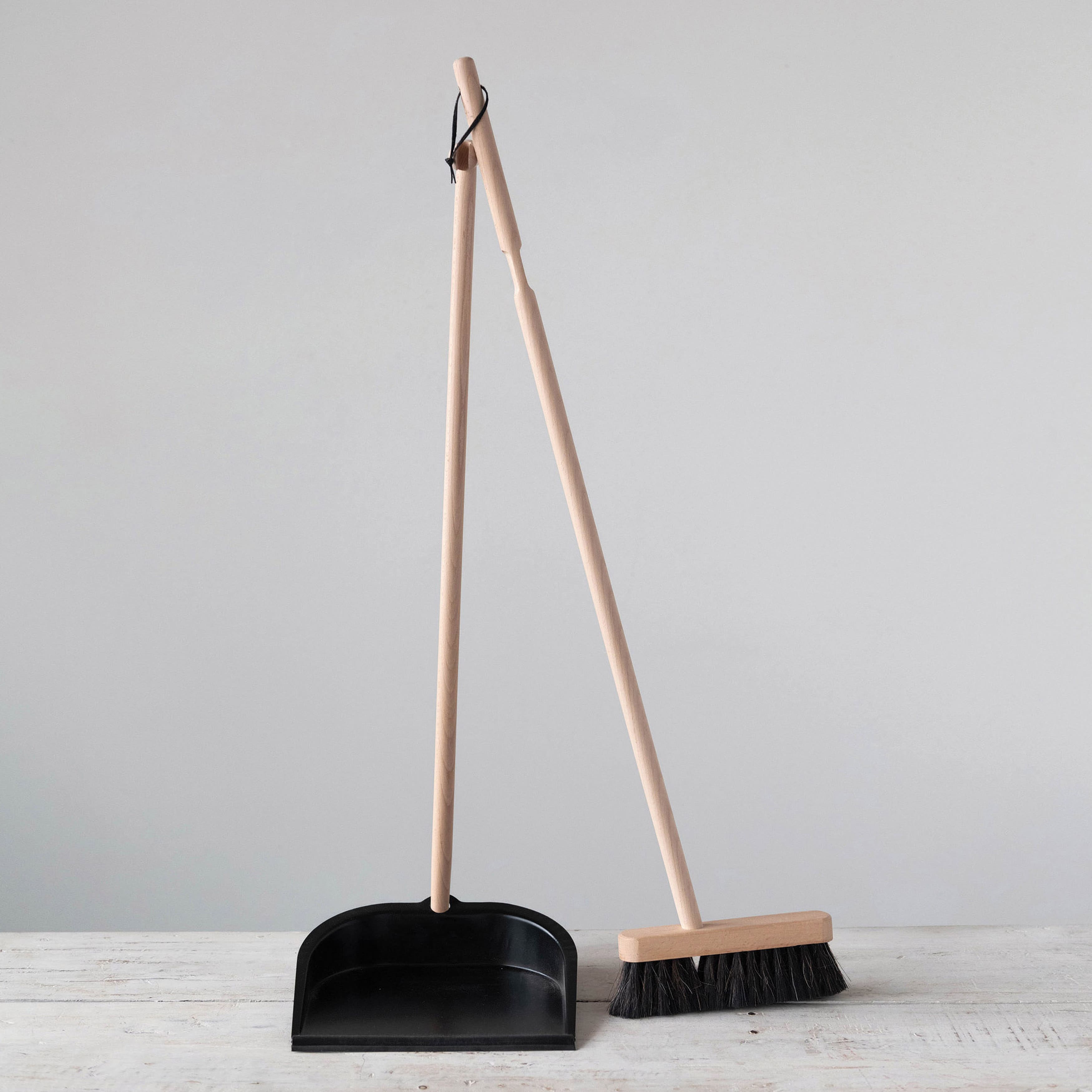 Hello Honey® Natural & Black Beech Wood Broom & Standing Metal Dust Pan Set
