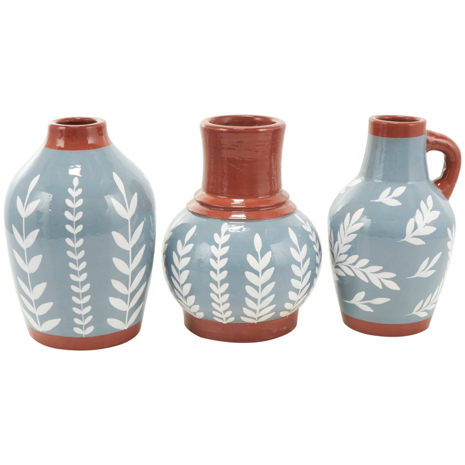 9" Blue Ceramic Floral Vase with Terracotta & White Detailing Set
