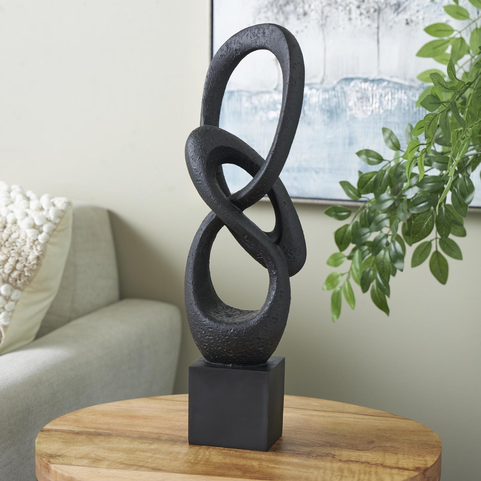 20" Black Polystone Abstract Intertwined Loop Sculpture with Block Base