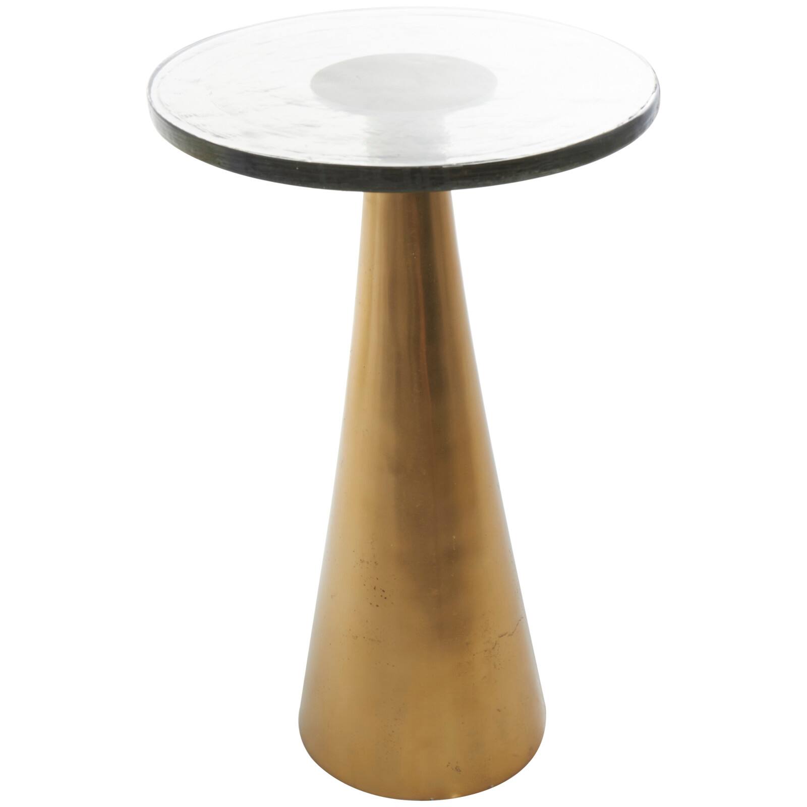 22&#x22; Gold Aluminum Geometric Cone Accent Table with Glass Tabletop