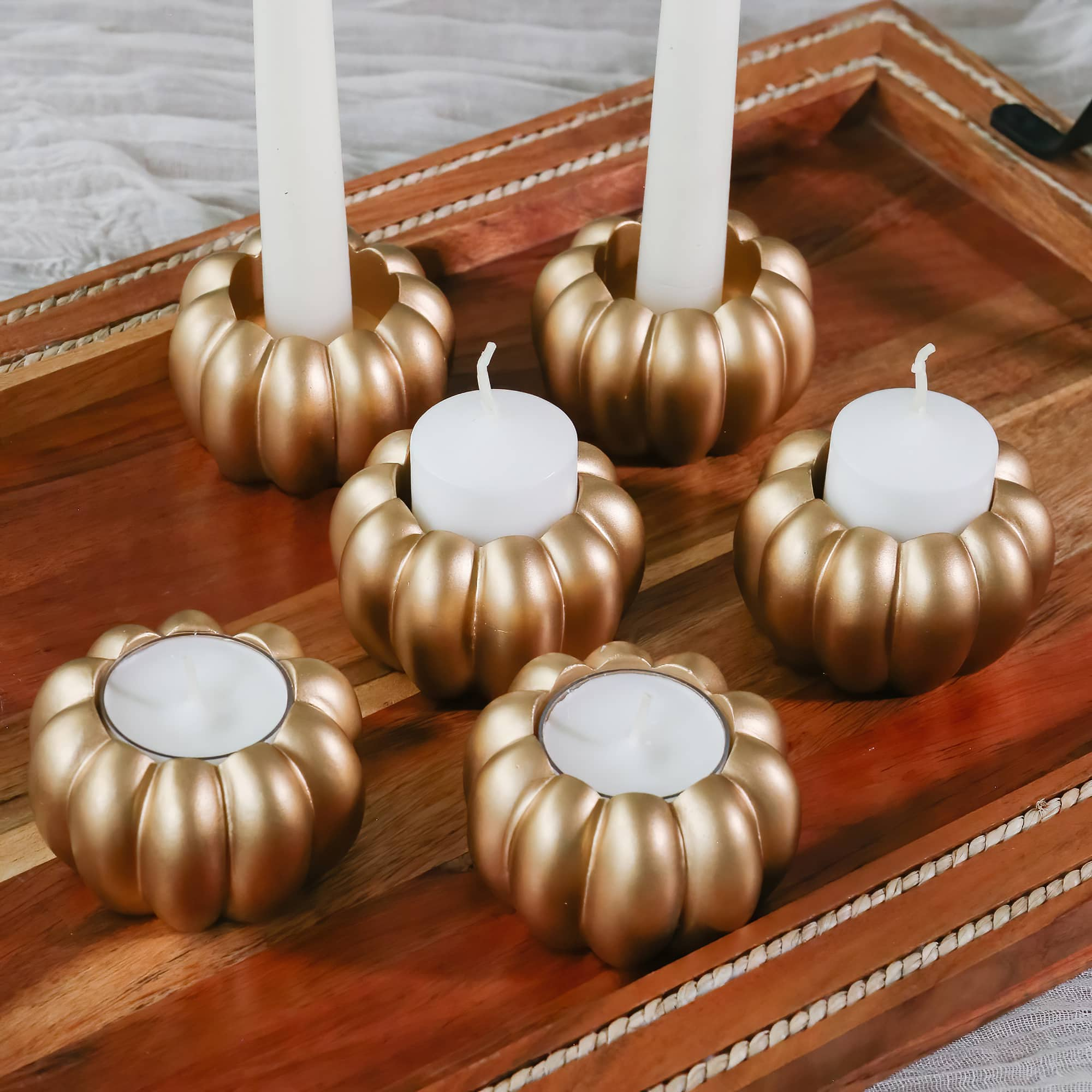 Kate Aspen Gold Pumpkin 2-in-1 Tealight Candlestick Holder Set, 6ct.