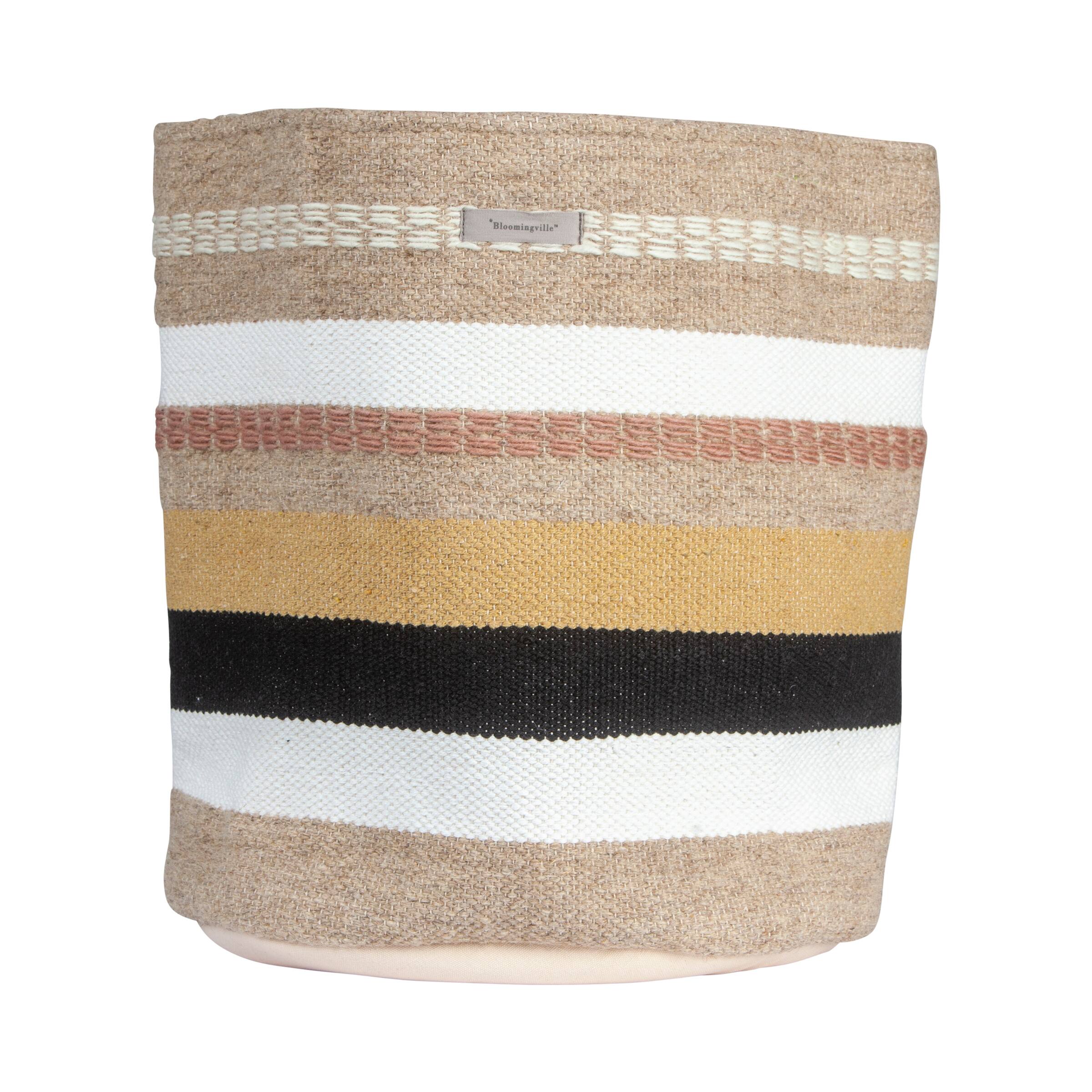 Hello Honey® 16" White, Brown & Pink Striped Round Woven Fabric Basket