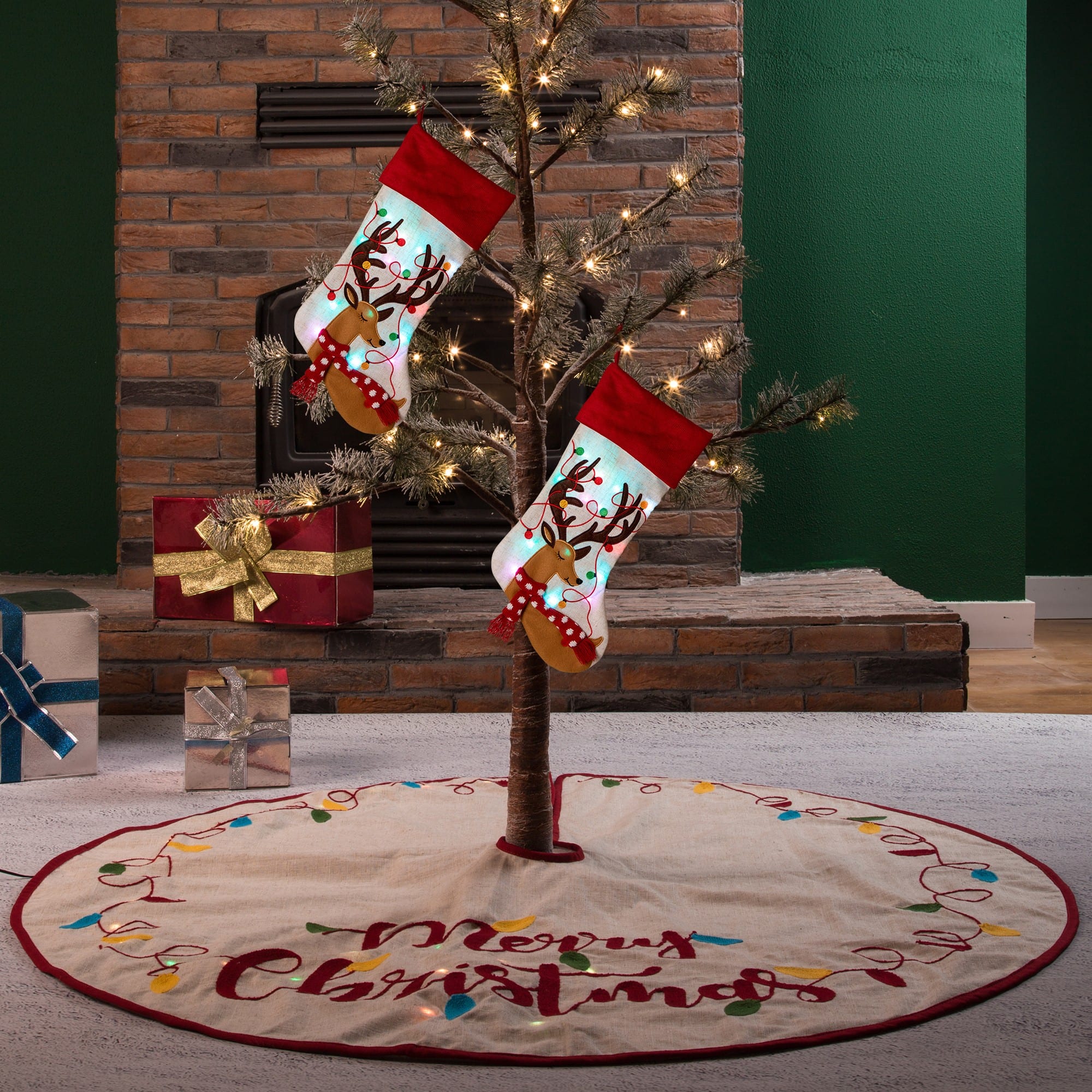 Glitzhome&#xAE; LED Reindeer Stockings &#x26; Tree Skirt Set