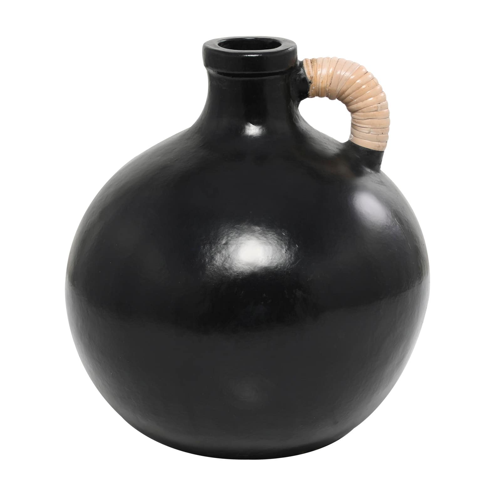 13" Black Ceramic Jug Inspired Vase with Rattan Wrapped Handle