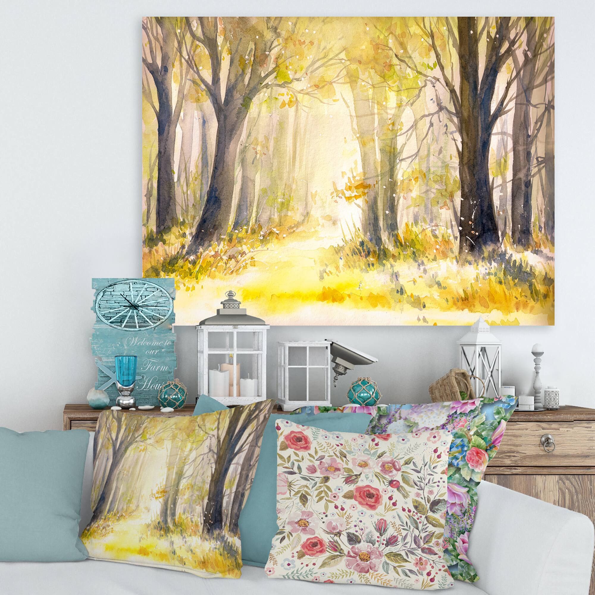 Designart - Bright Sunshine Through The Forest Trees I - Traditional Canvas Wall Art Print