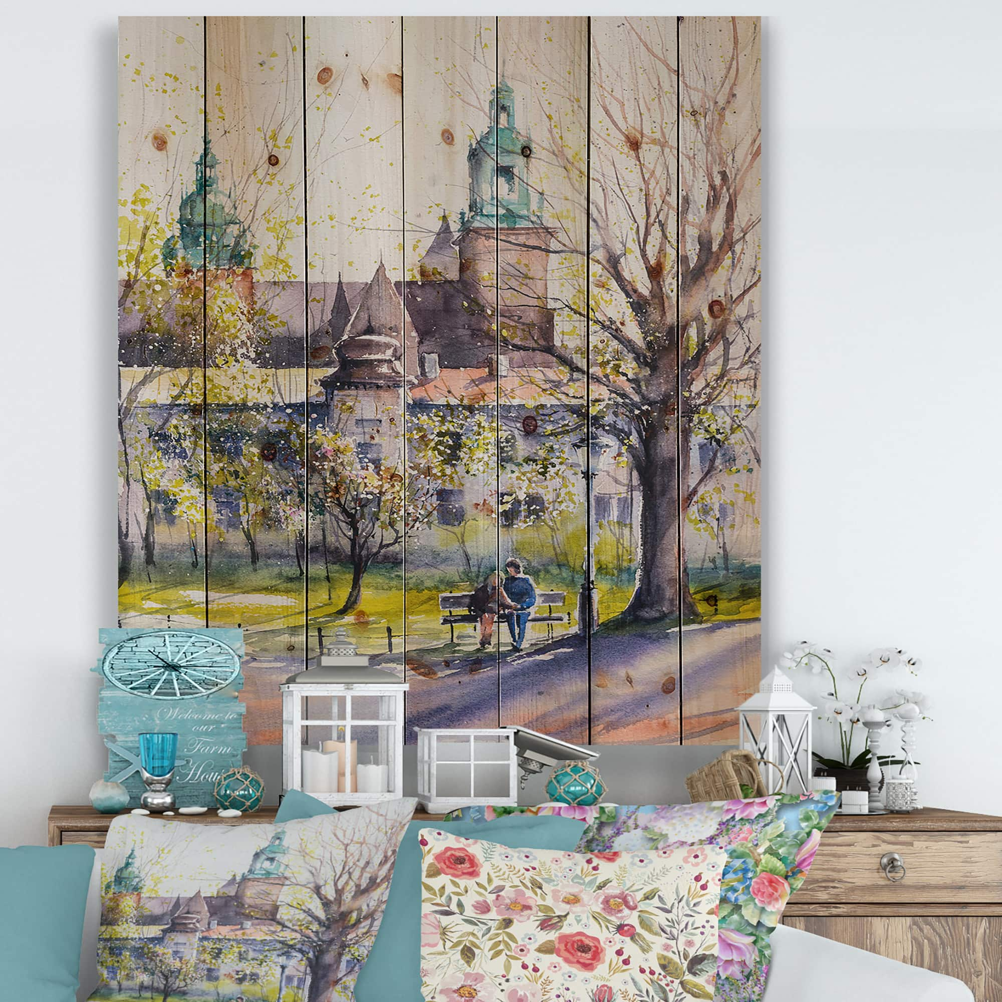 Designart - Castel Through The Trees of The Park - Country Print on Natural Pine Wood