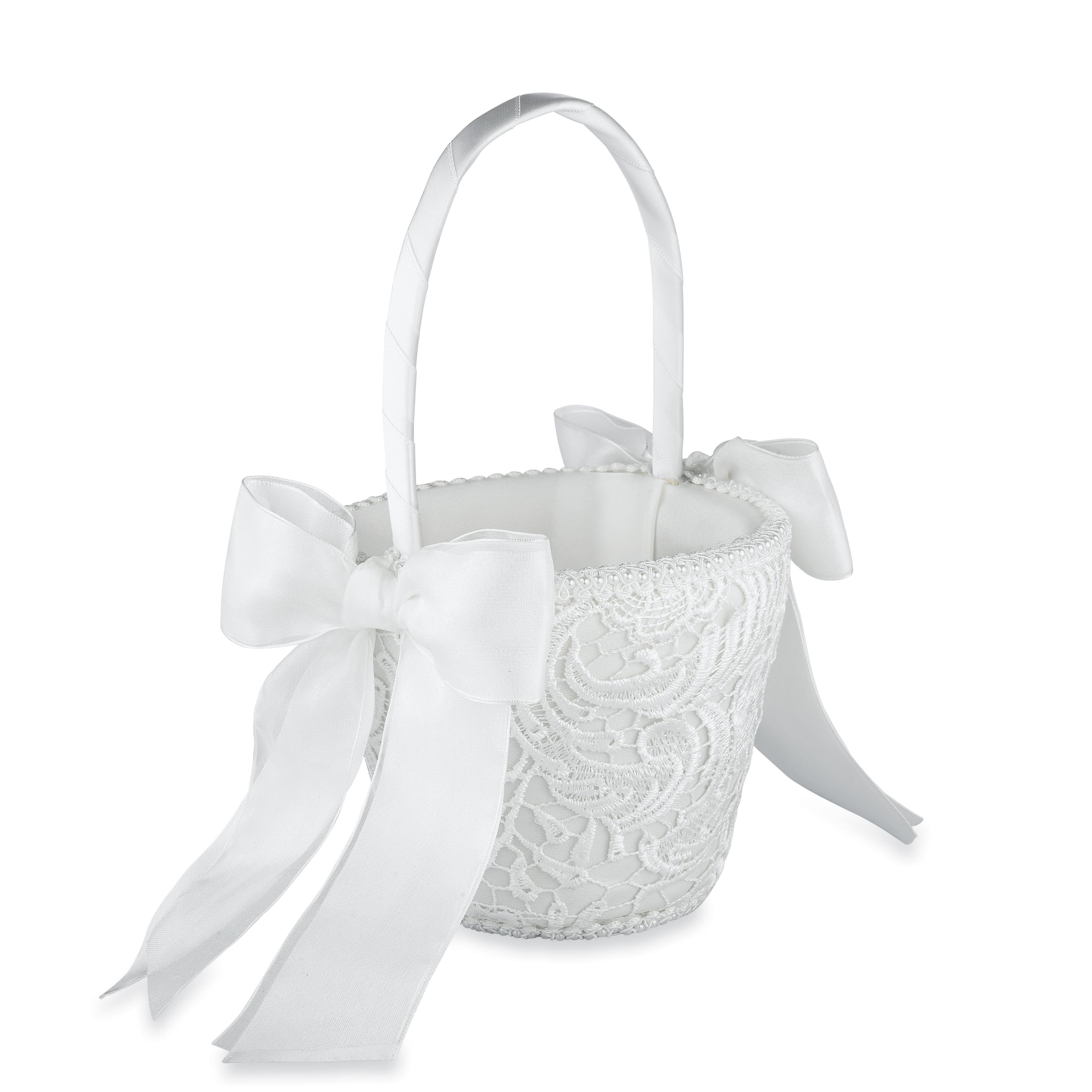 Bridal Wedding Party Flower Girl Basket White Lace Basket Ceremony Portable 