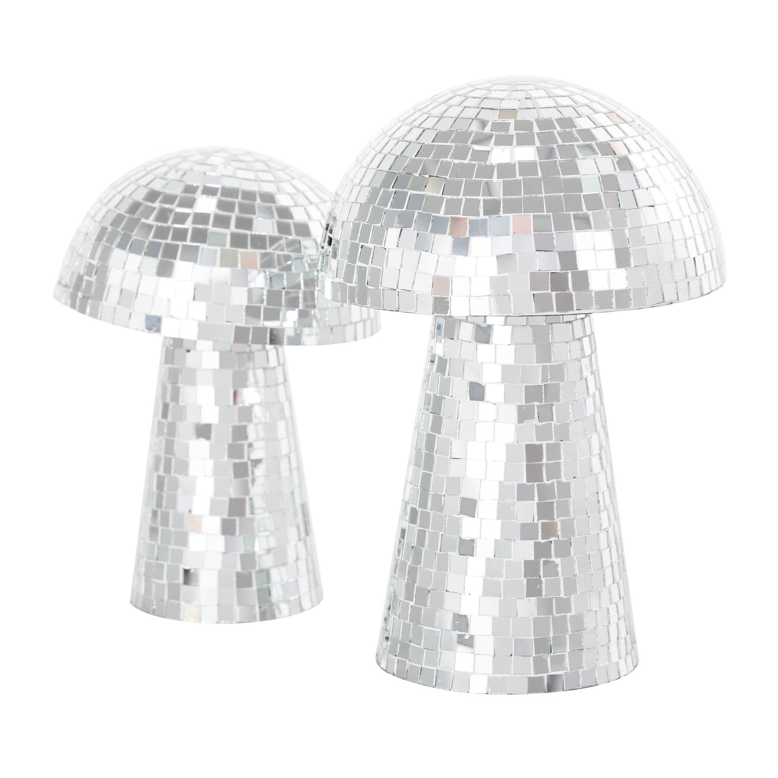 Silver Handmade Glass Mosaic Mushroom Mirror Sculpture Set