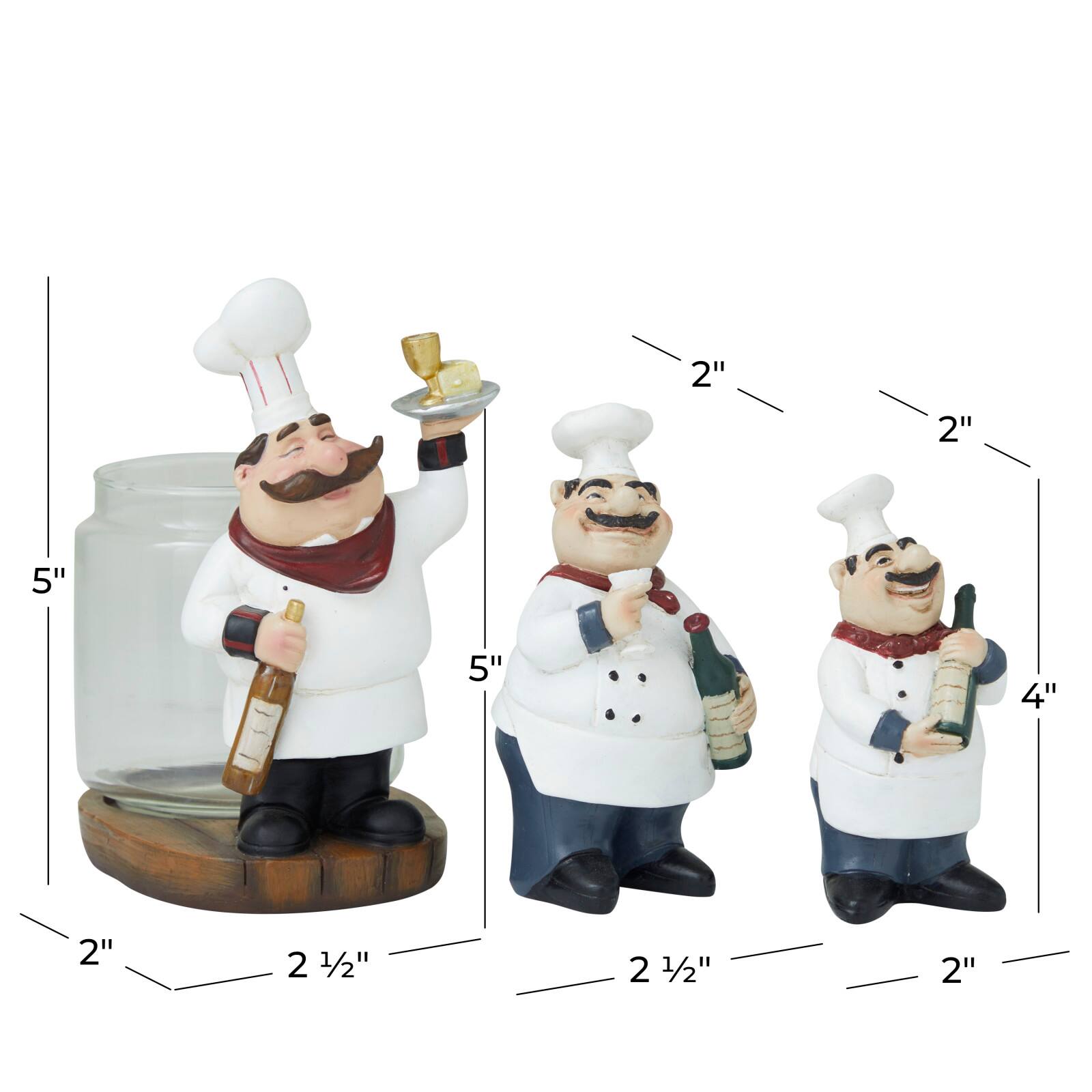 White Polystone Traditional Chef Sculpture, Set of 3" 5" x 3" x 2"
