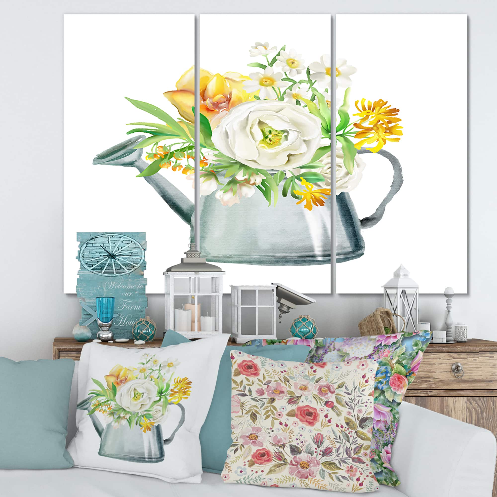 Designart - Roses Peonies & Marigolds In Garden Watering Can