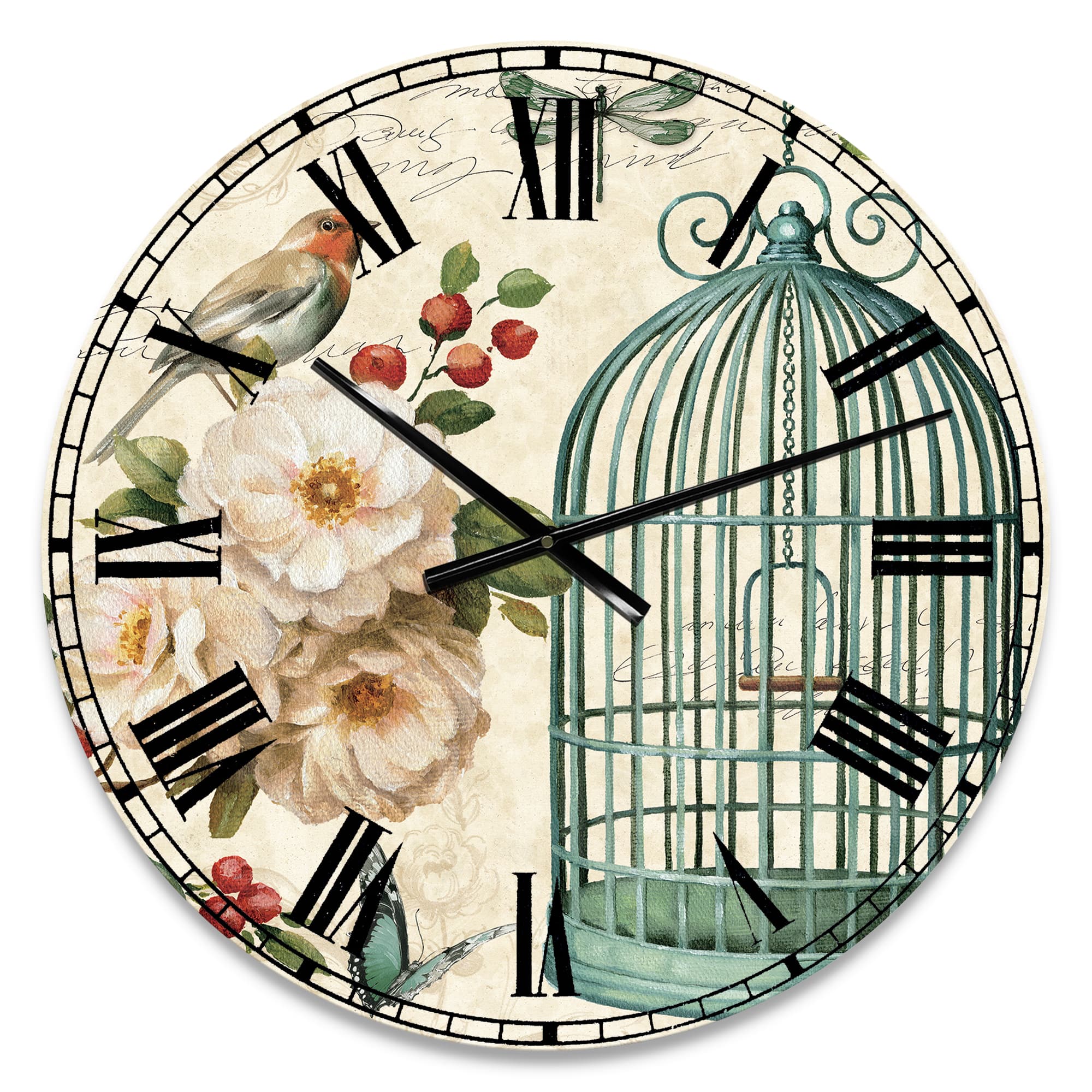 Designart Blue Cottage Bird, Birdcage &#x26; Apple Blossoms II Wall Clock