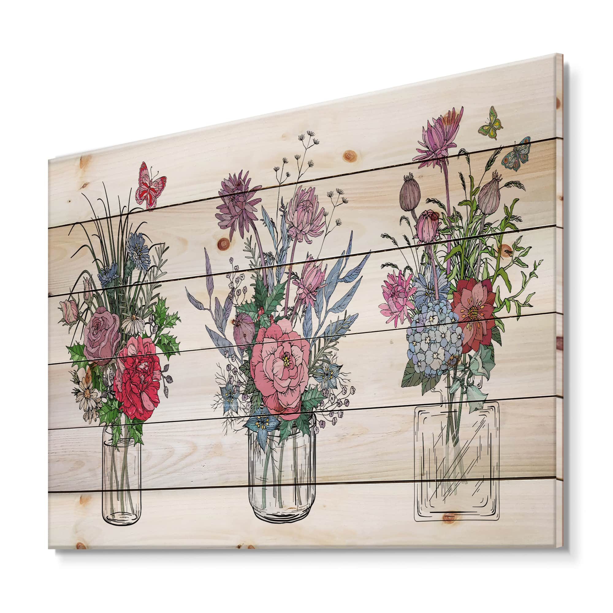 Designart - Bouquets of Wildflowers In Transparent Vases I - Farmhouse Print on Natural Pine Wood