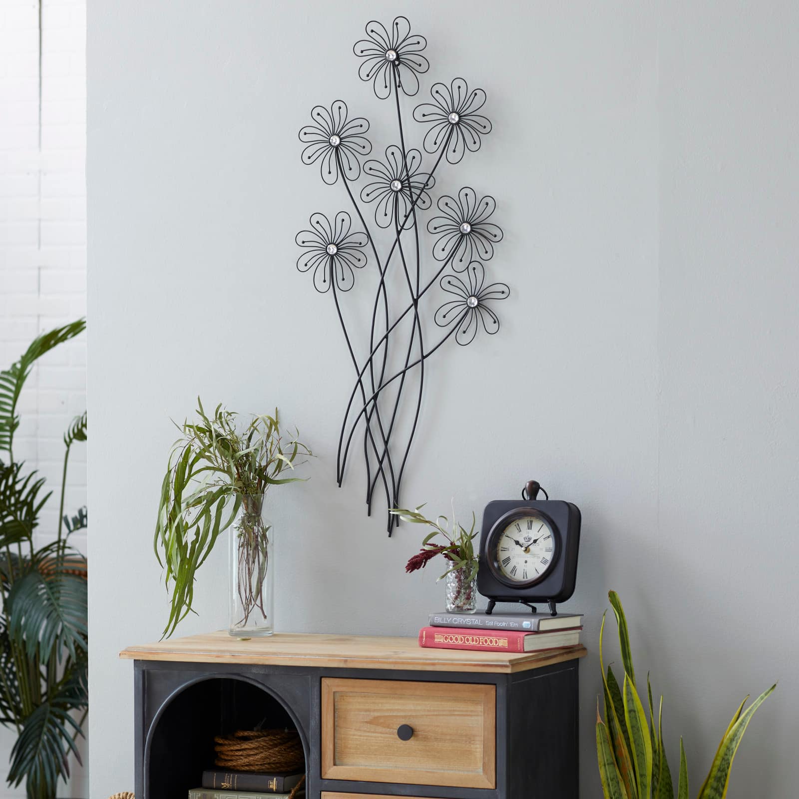 40&#x22; Black Modern Floral Metal Wall D&#xE9;cor