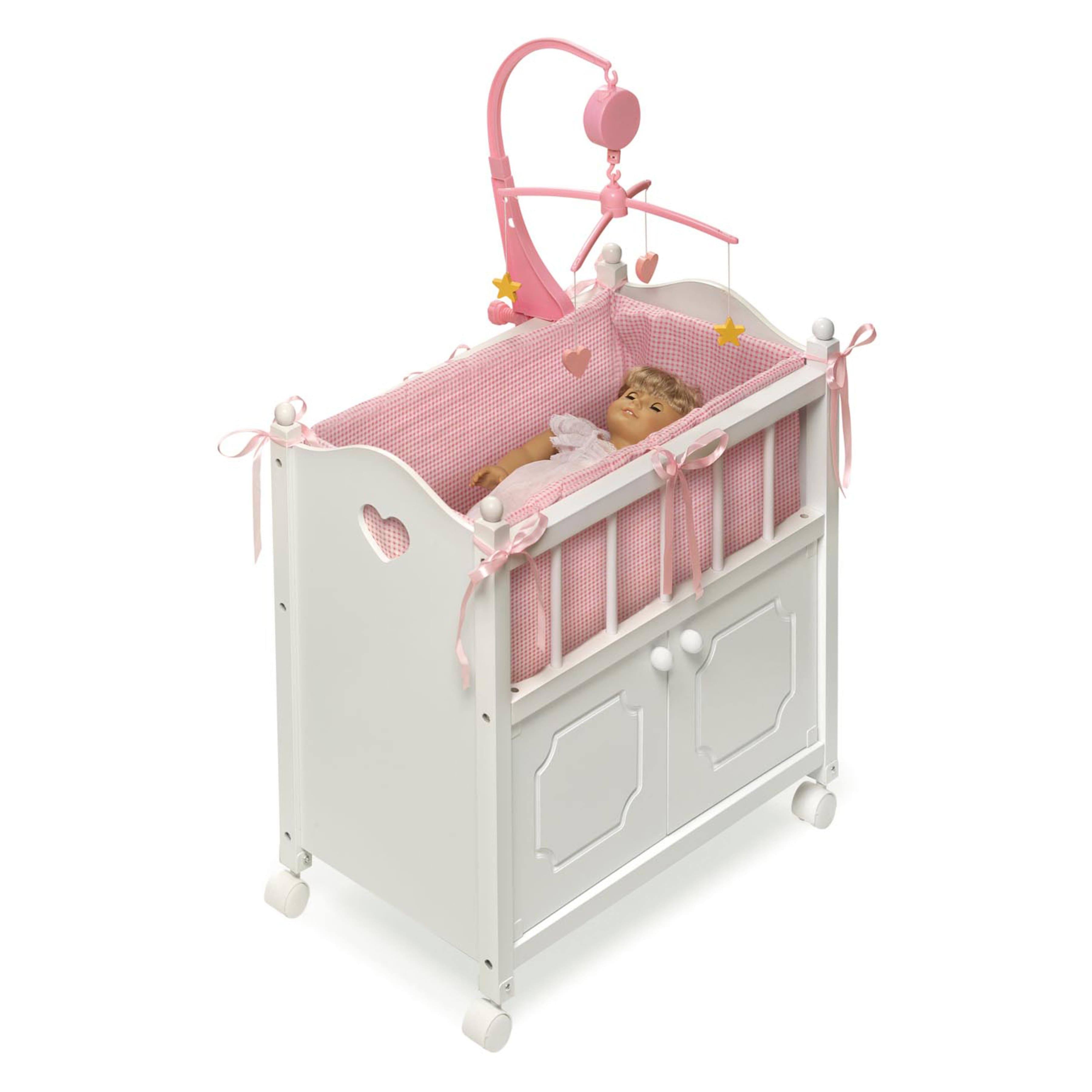 Badger Basket White & Pink Cabinet Doll Crib with Gingham Bedding