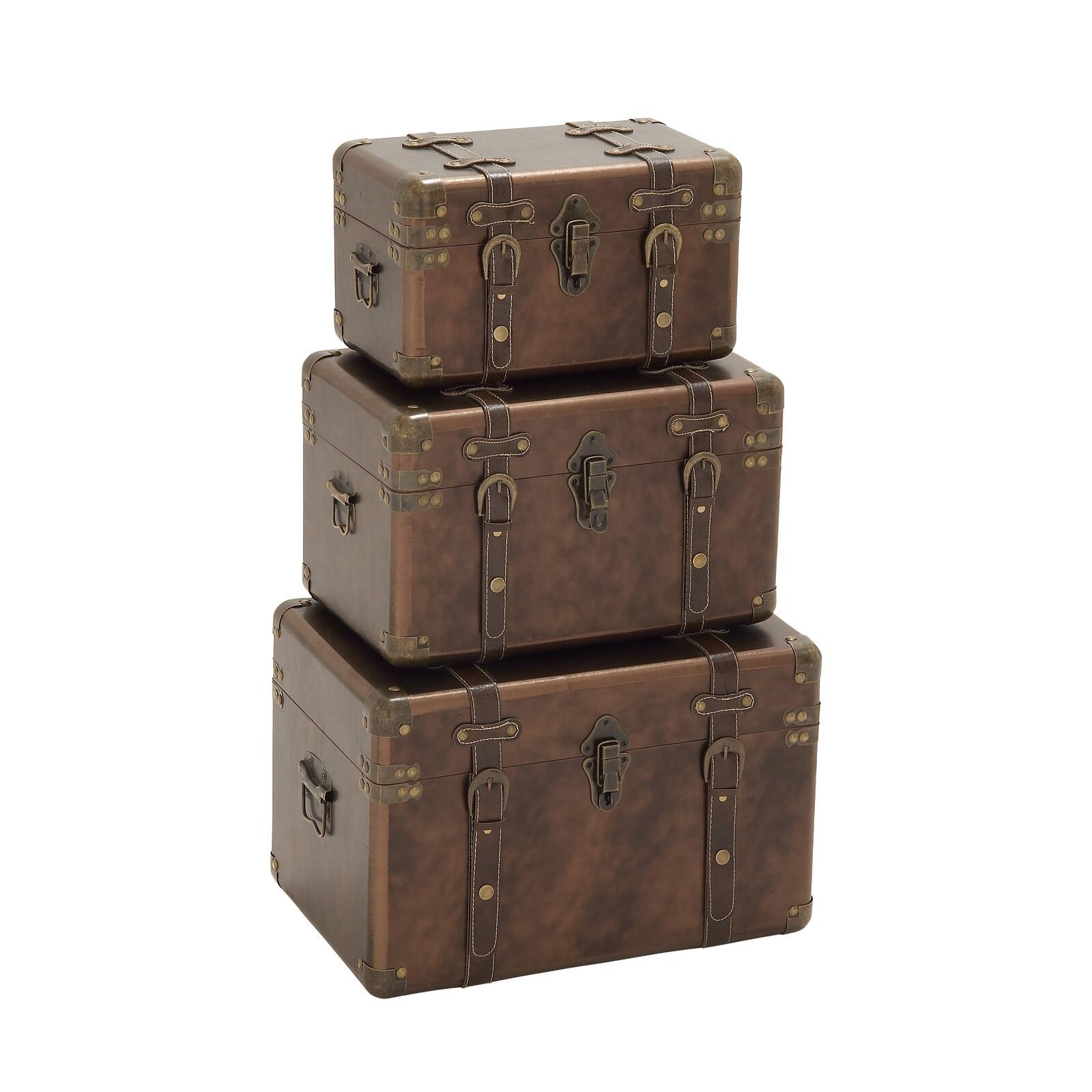 Set of 3" Brown Leather Traditional Trunk, 18", 16", 13"