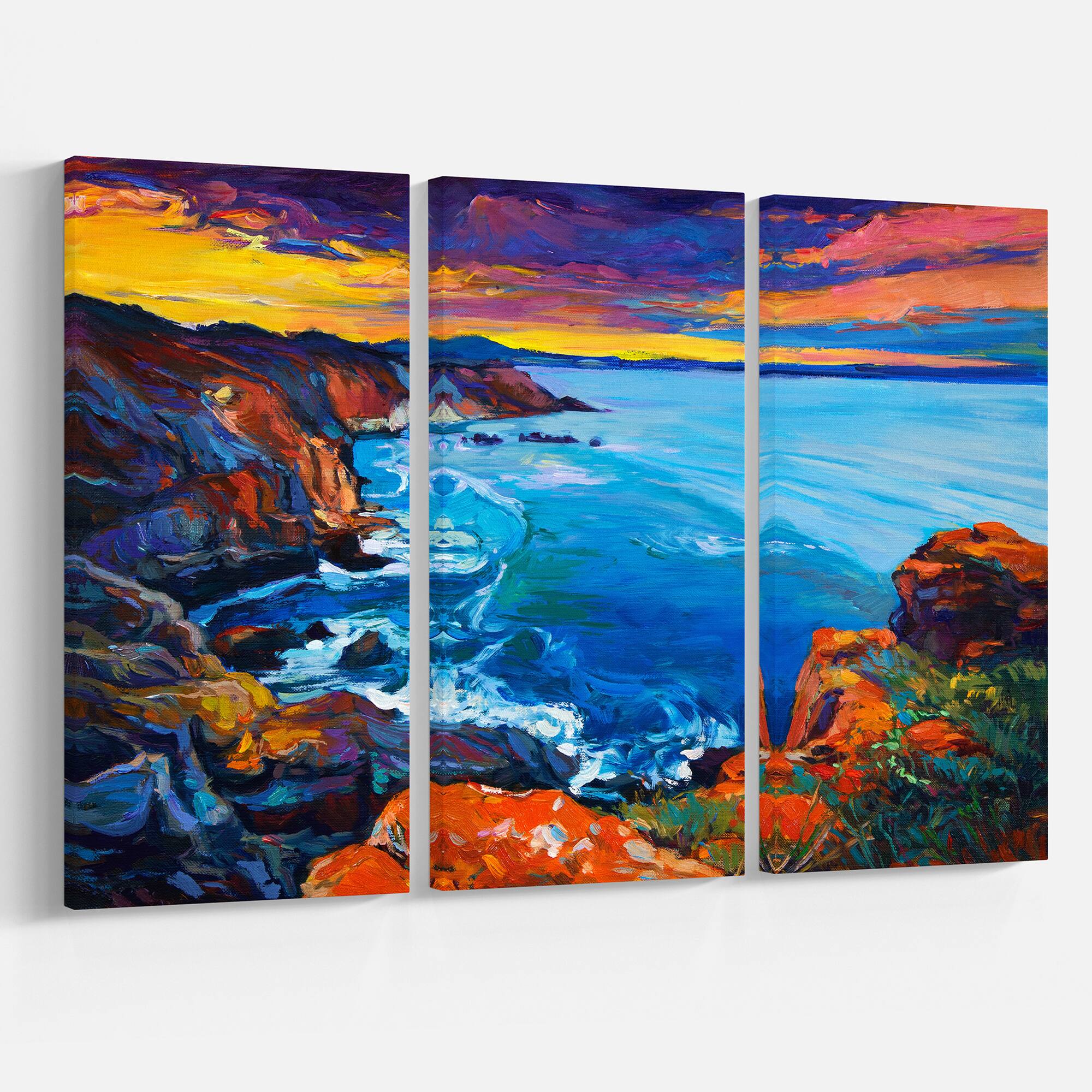 Designart - Rich Golden Sunset Over Ocean and Cliffs