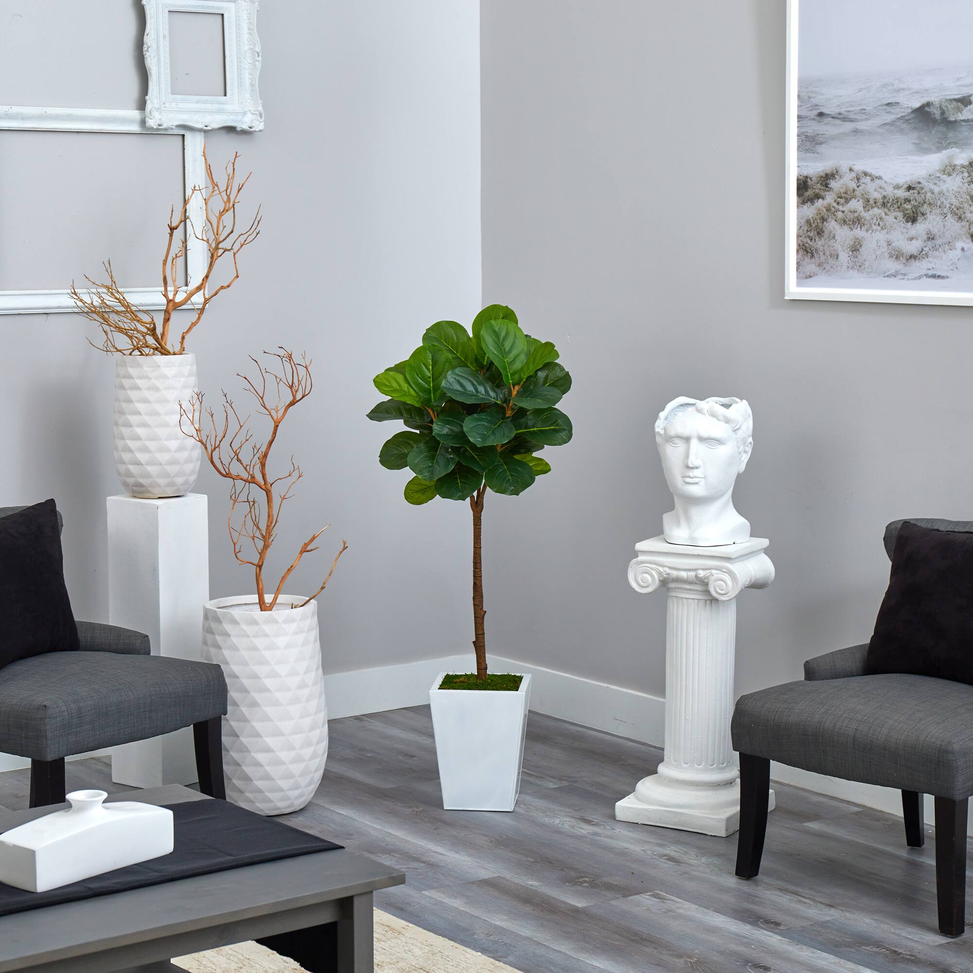 4ft. Fiddle Leaf Tree in White Metal Planter