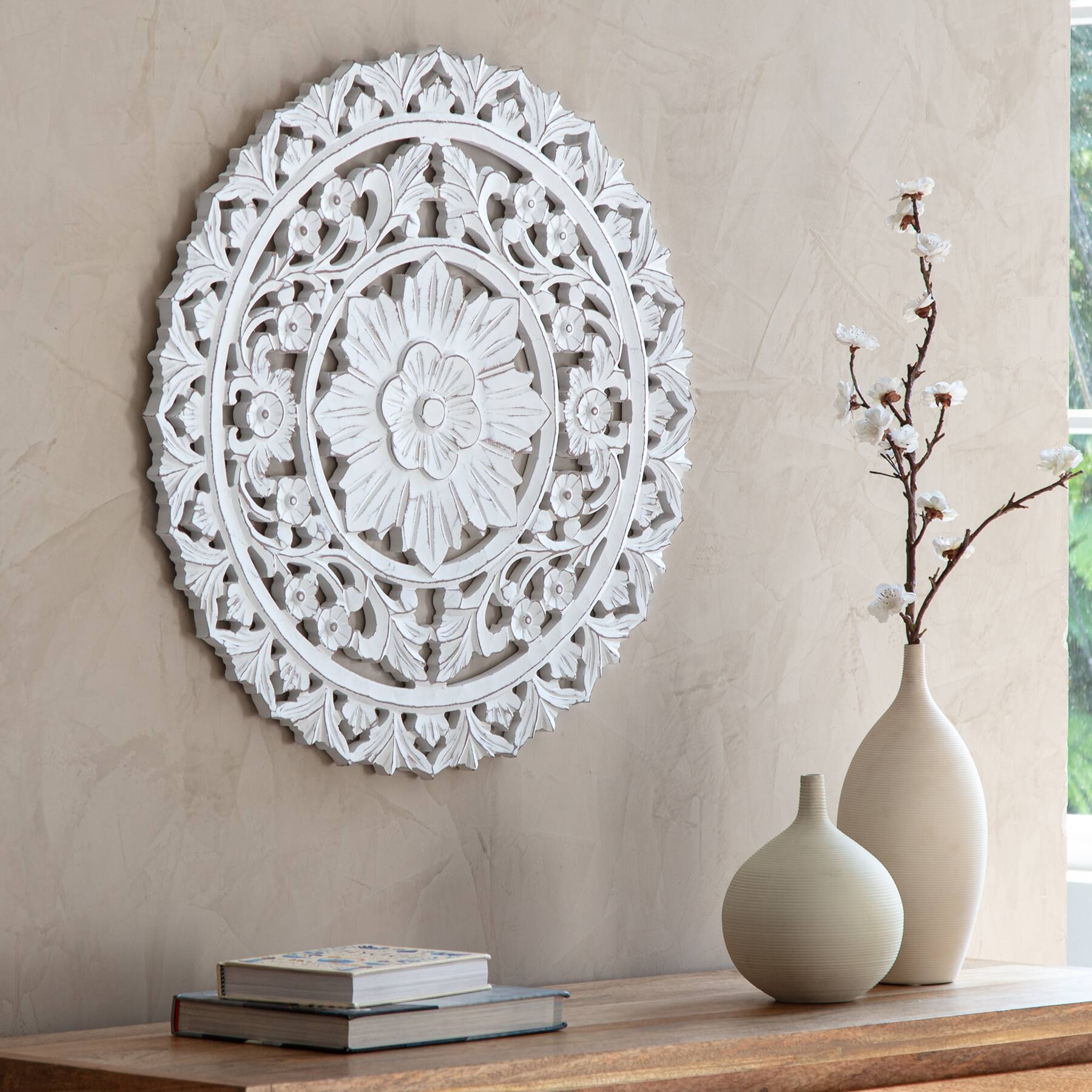 Habitat Etta 24&#x22; White Carved Floral Round Wall Art