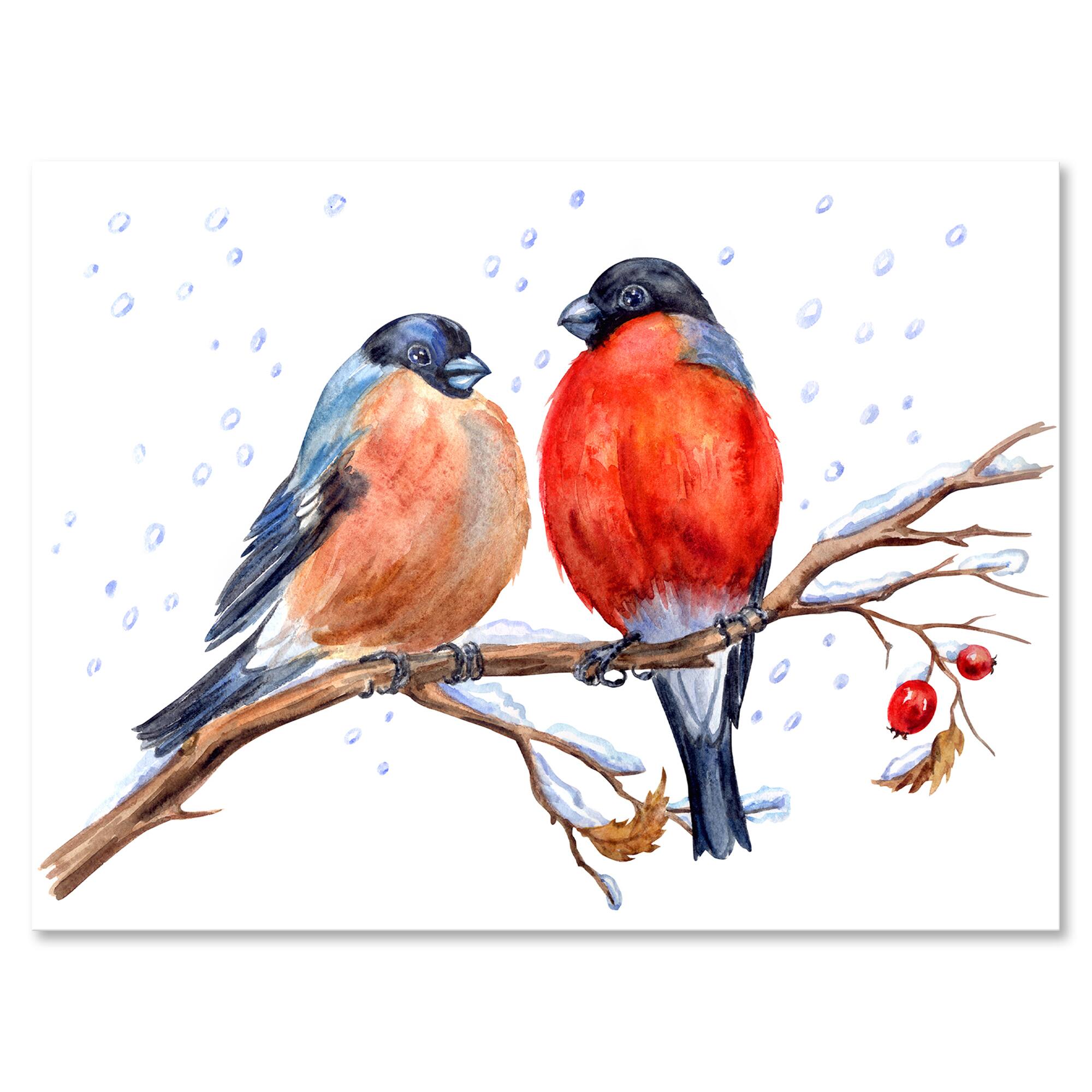 Designart - Two Bullfinches On A Hawthorn Branch with Snowfall - Traditional Canvas Wall Art Print