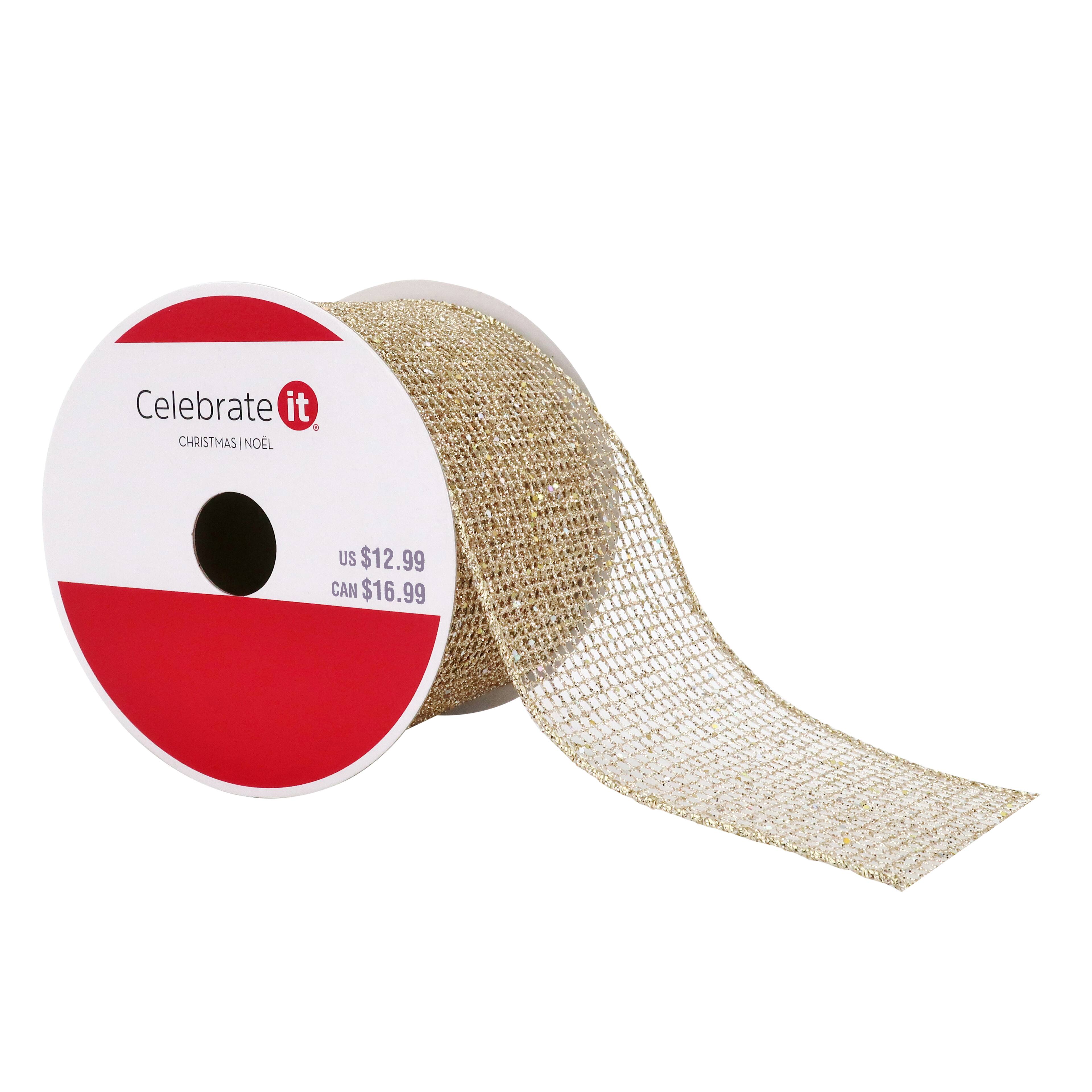 Ruban en maille champagne de 6,3 cm x 6&#xA0;m avec fil m&#xE9;tallique de Celebrate It No&#xEB;l 