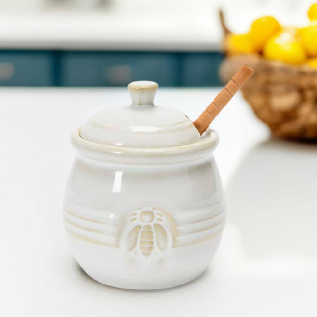 Hello Honey&#xAE; 3.5&#x22; White Ceramic Honey Bee Pot &#x26; Wood Dipper