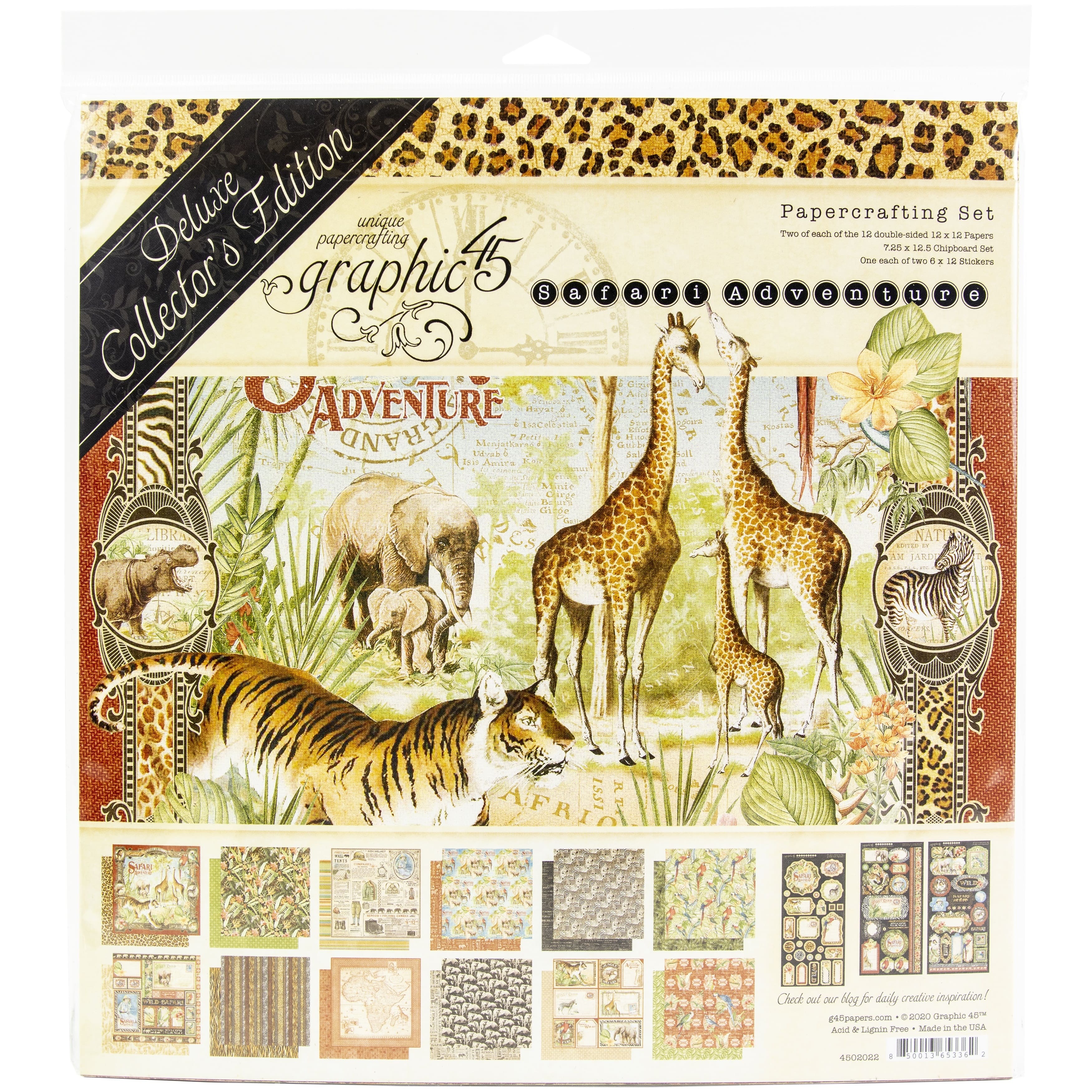 Graphic 45 SAFARI ADVENTURE 12 Sheets 12x12 Paper Collection Set Jungle Giraffe 