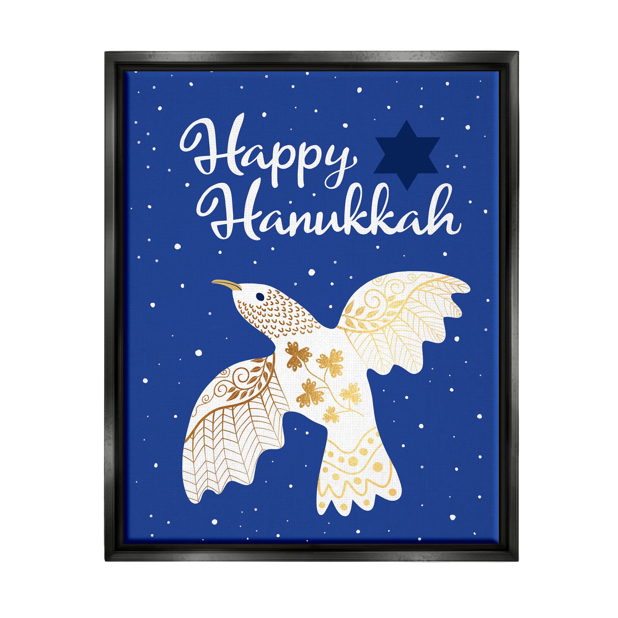 Stupell Industries Happy Hanukkah Patterned Dove Framed Floater Canvas Wall Art