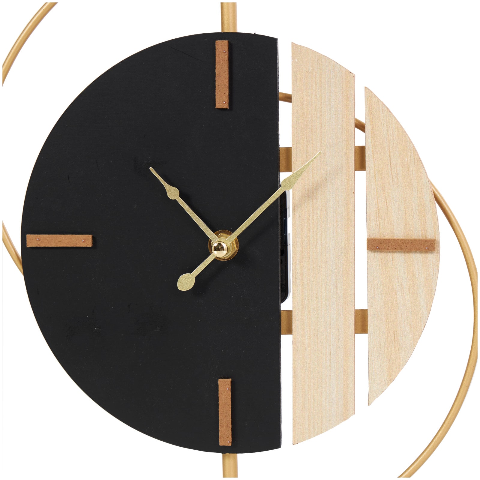 CosmoLiving by Cosmopolitan 14&#x22; Black Wooden Geometric Two-Toned Clock with Wood Accents &#x26; Gold Semicircle Frame