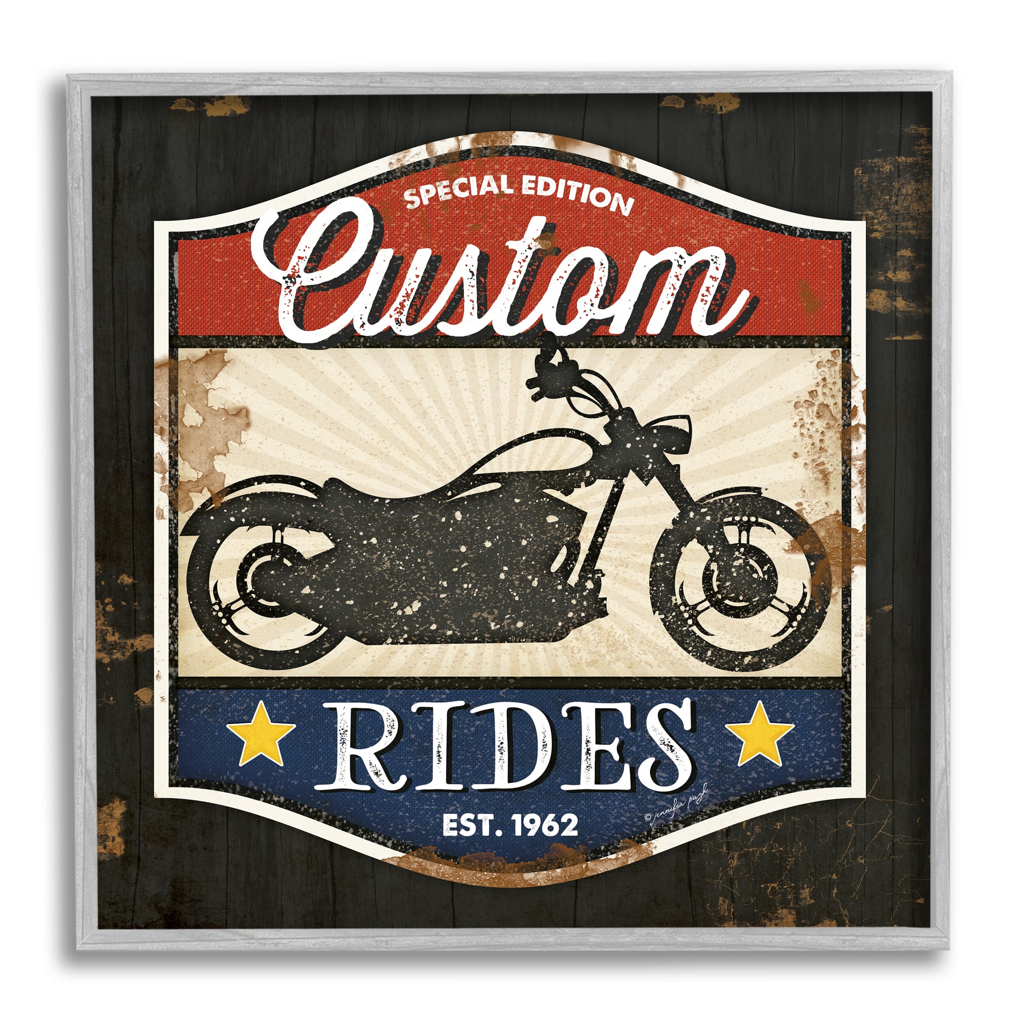 Stupell Industries Custom Rides Motorcycle Sign Vintage Americana Bike in Gray Frame Wall Art