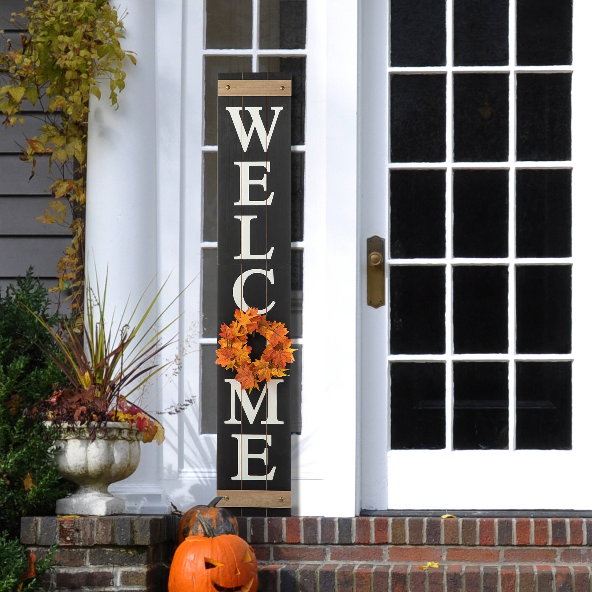 Glitzhome® 5ft. Wooden Welcome Porch Sign with 4 Changeable Wreaths ...