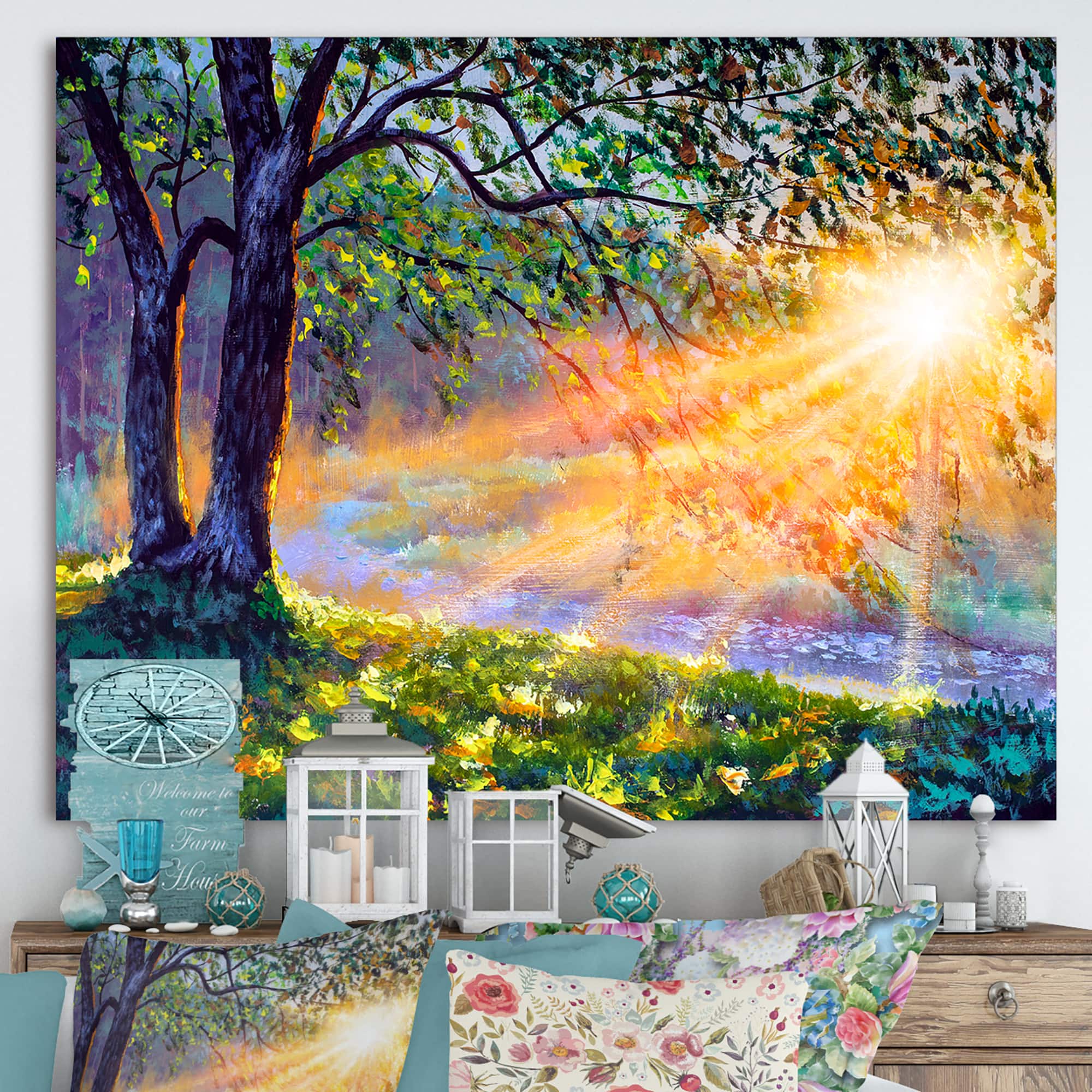 Designart - Dawn Sunshine Light By The River - Farmhouse Canvas Wall Art Print