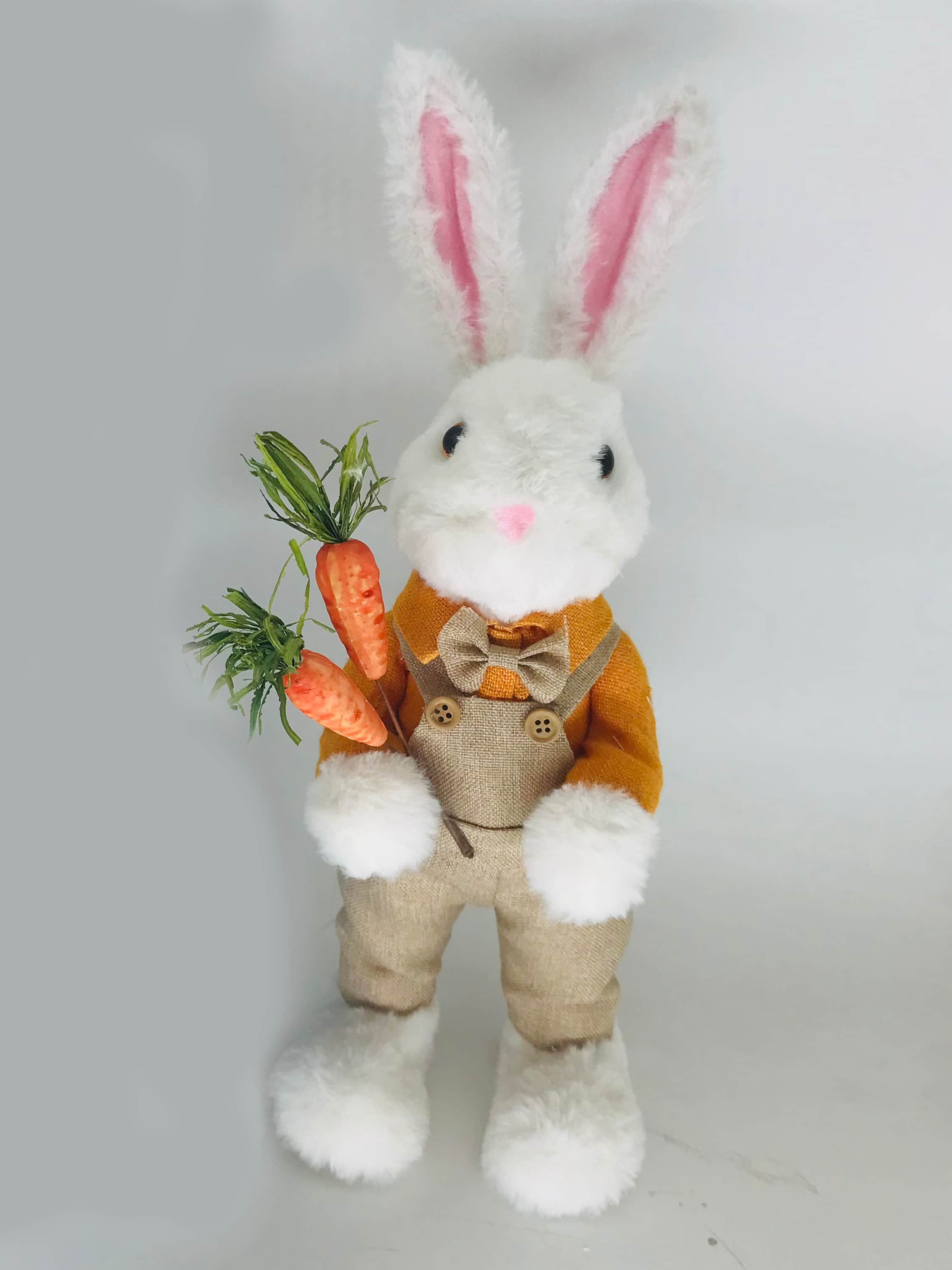 15&#x22; White &#x26; Tan Plush Standing Boy Rabbit with Overalls Easter Figure