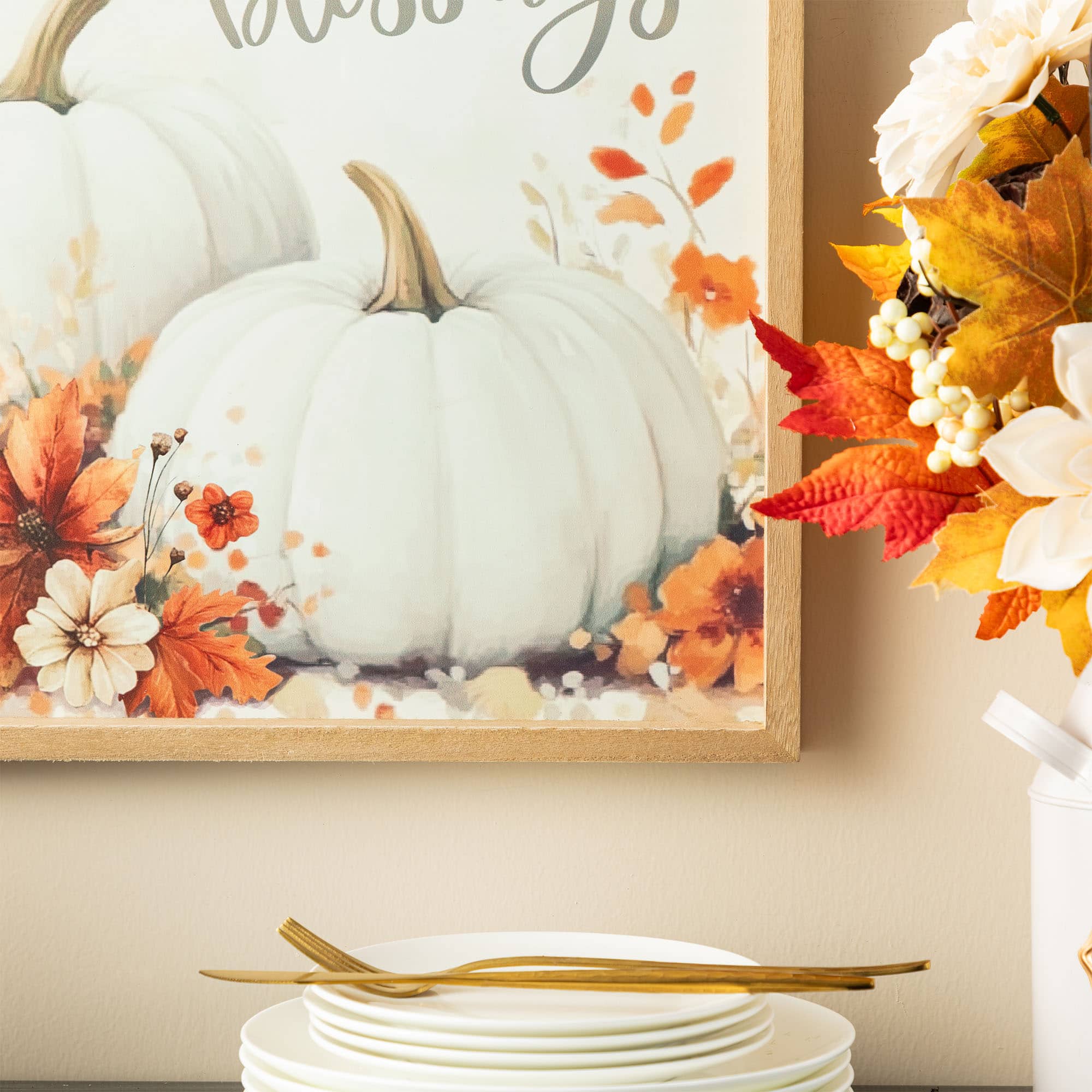 Glitzhome® 15.75" Fall Wooden Ivory Pumpkin Wall Art