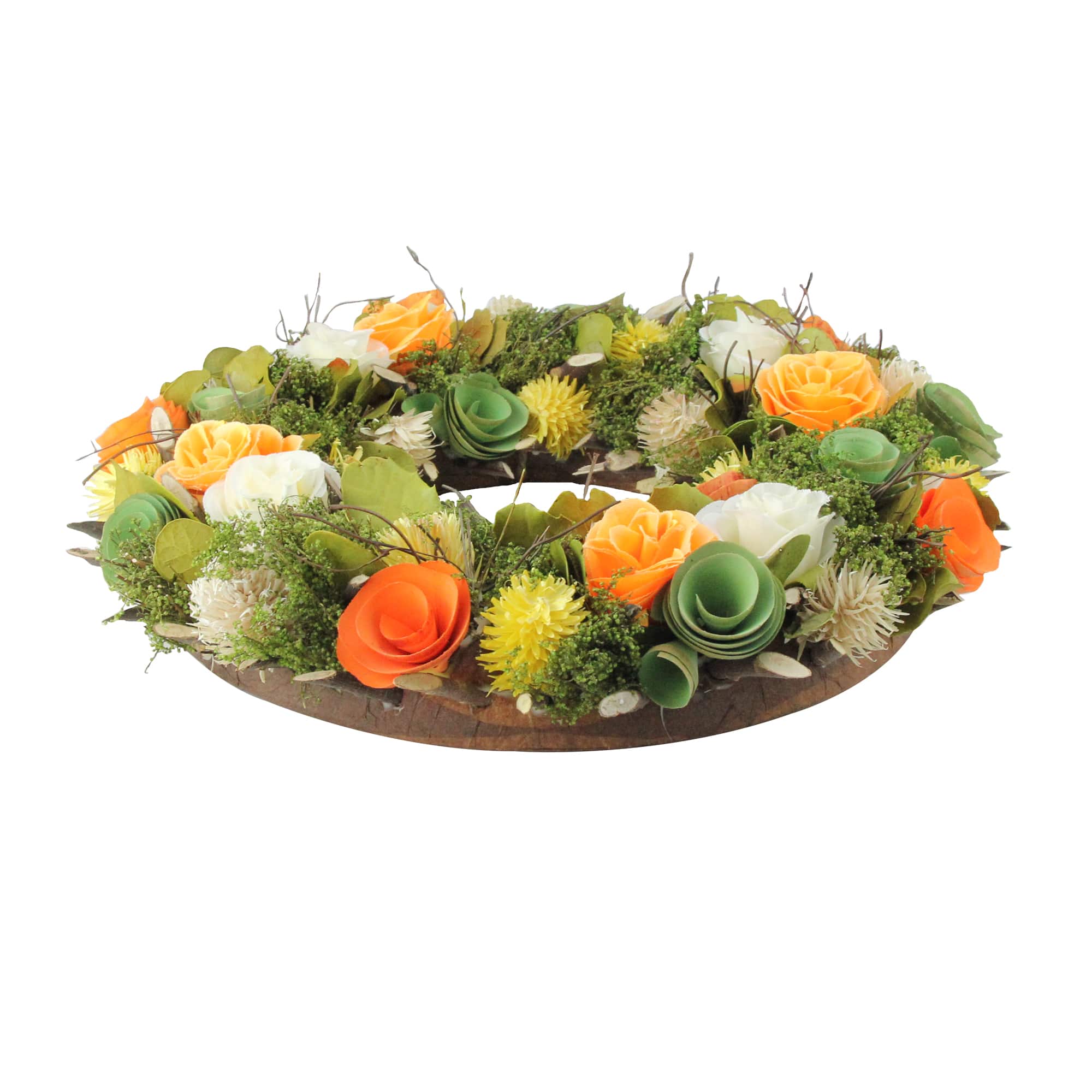 12.5&#x22; Orange &#x26; White Flowers with Moss &#x26; Twig Spring Wreath