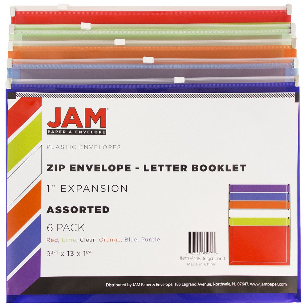 JAM Paper 9.75" x 13" Assorted Zip Closure Plastic Envelopes, 6ct.