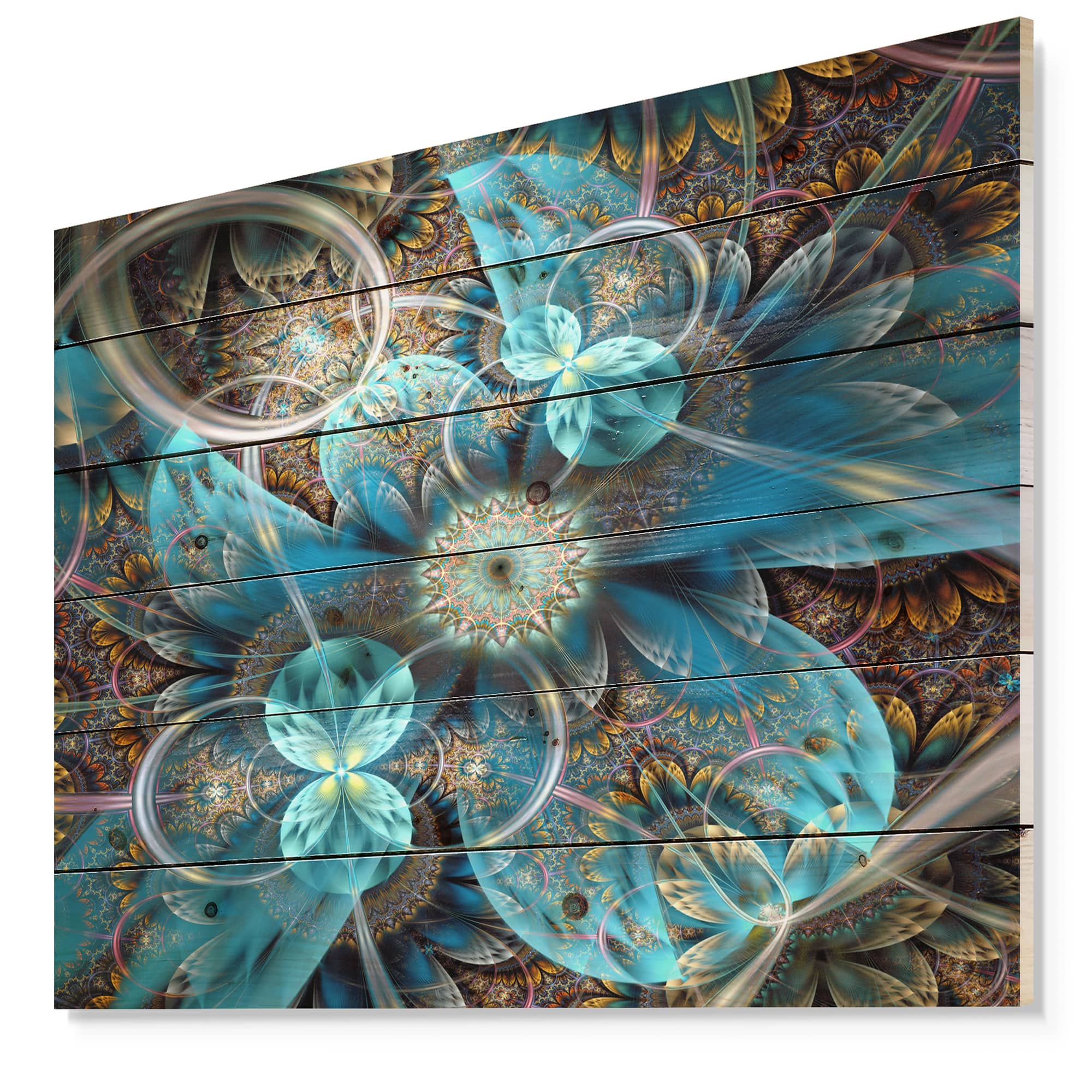 Designart - Fractal Blue Flowers - Floral Art Print on Natural Pine Wood
