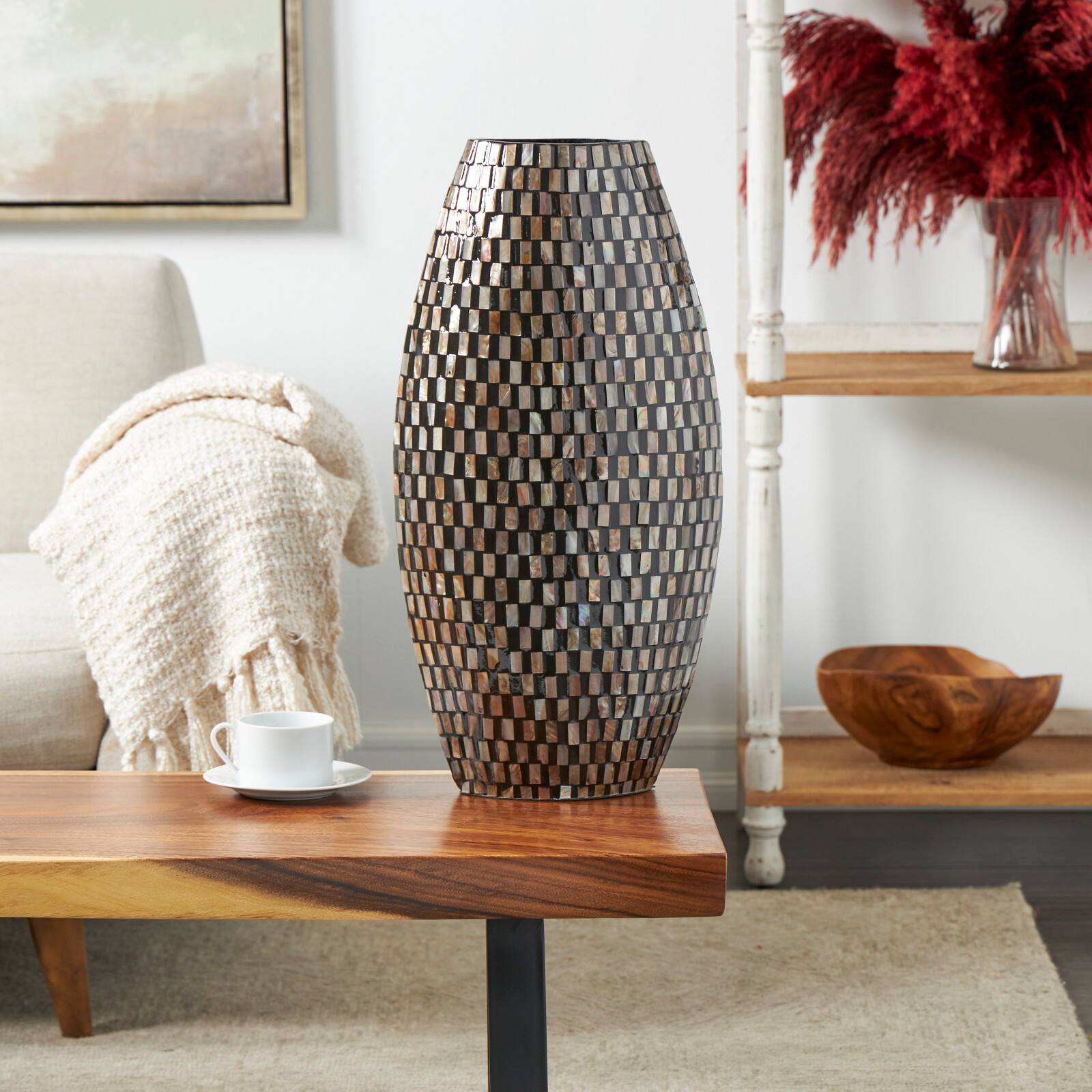 24" Black Mother of Pearl Handmade Geometric Mosaic Inspired Thin Vase