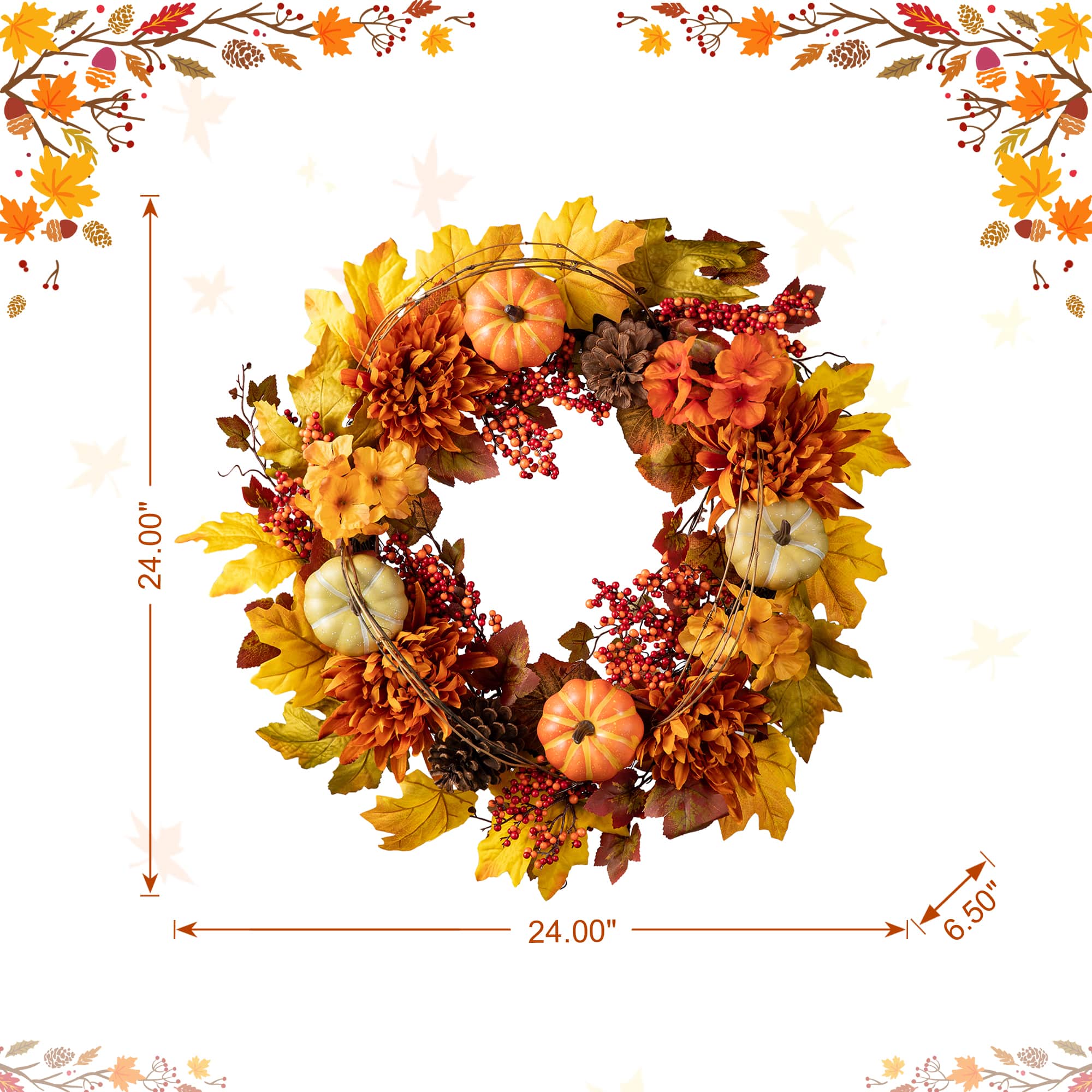 Glitzhome® 24" Fall Dahlia, Pumpkin, Leaf & Berry Wreath
