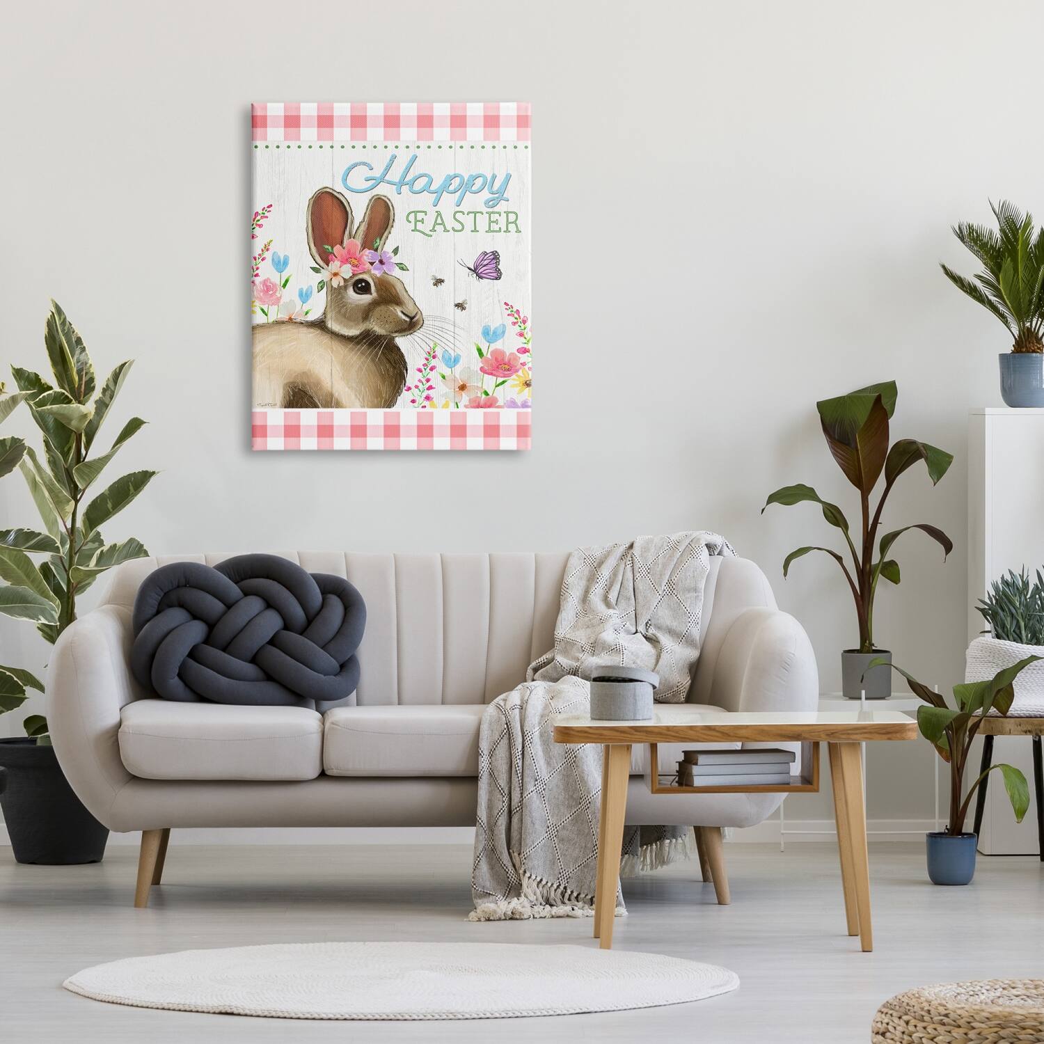 Stupell Industries Happy Easter Floral Gingham Rabbit Canvas Wall Art