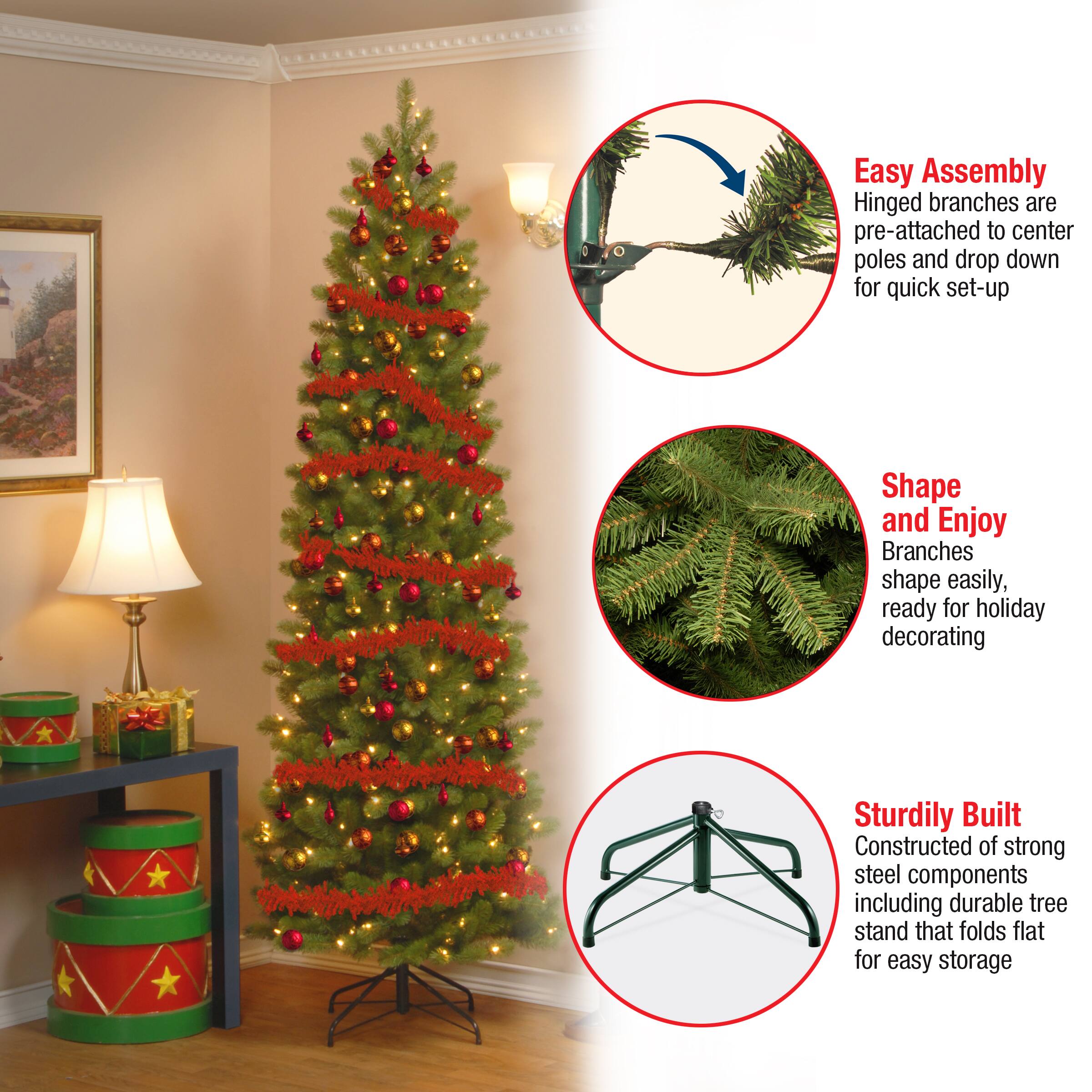 7.5 ft. Pre-lit Feel Real® Hinged Down Swept Douglas Fir Pencil Artificial Christmas Tree, Clear Lights