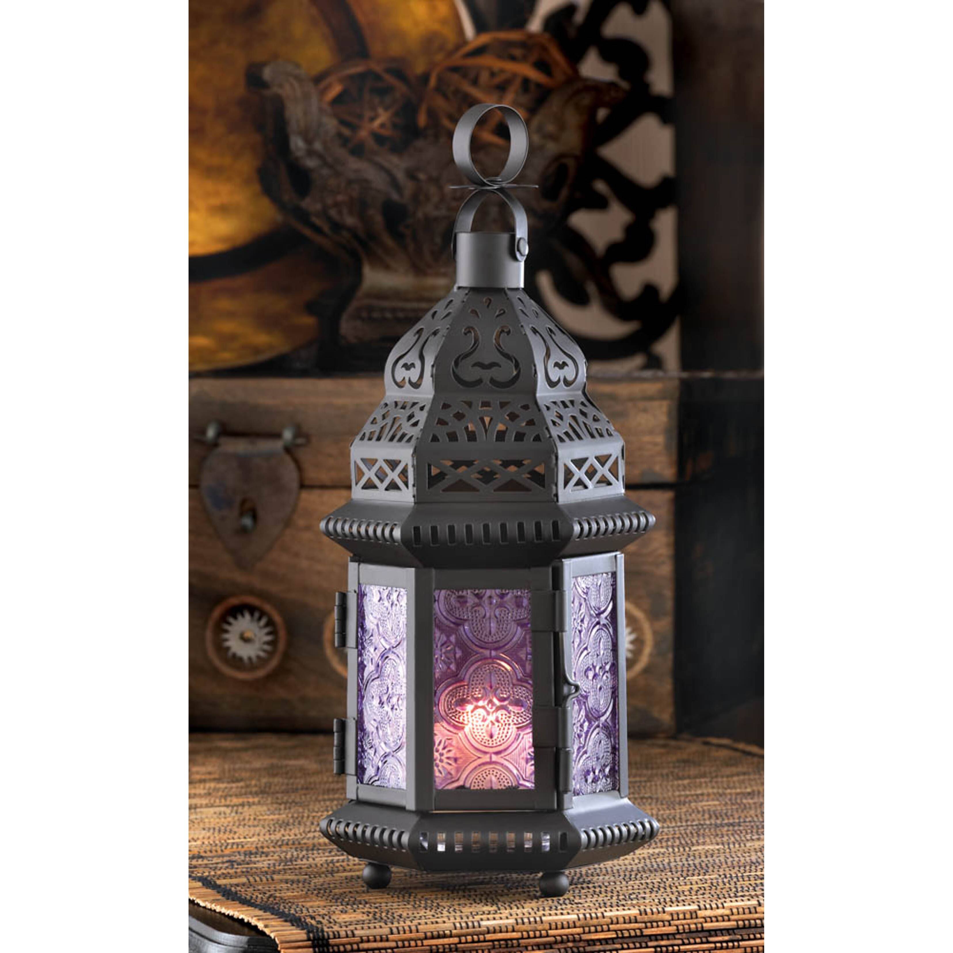11'' Etched Purple Glass Moroccan Style Hanging Lantern